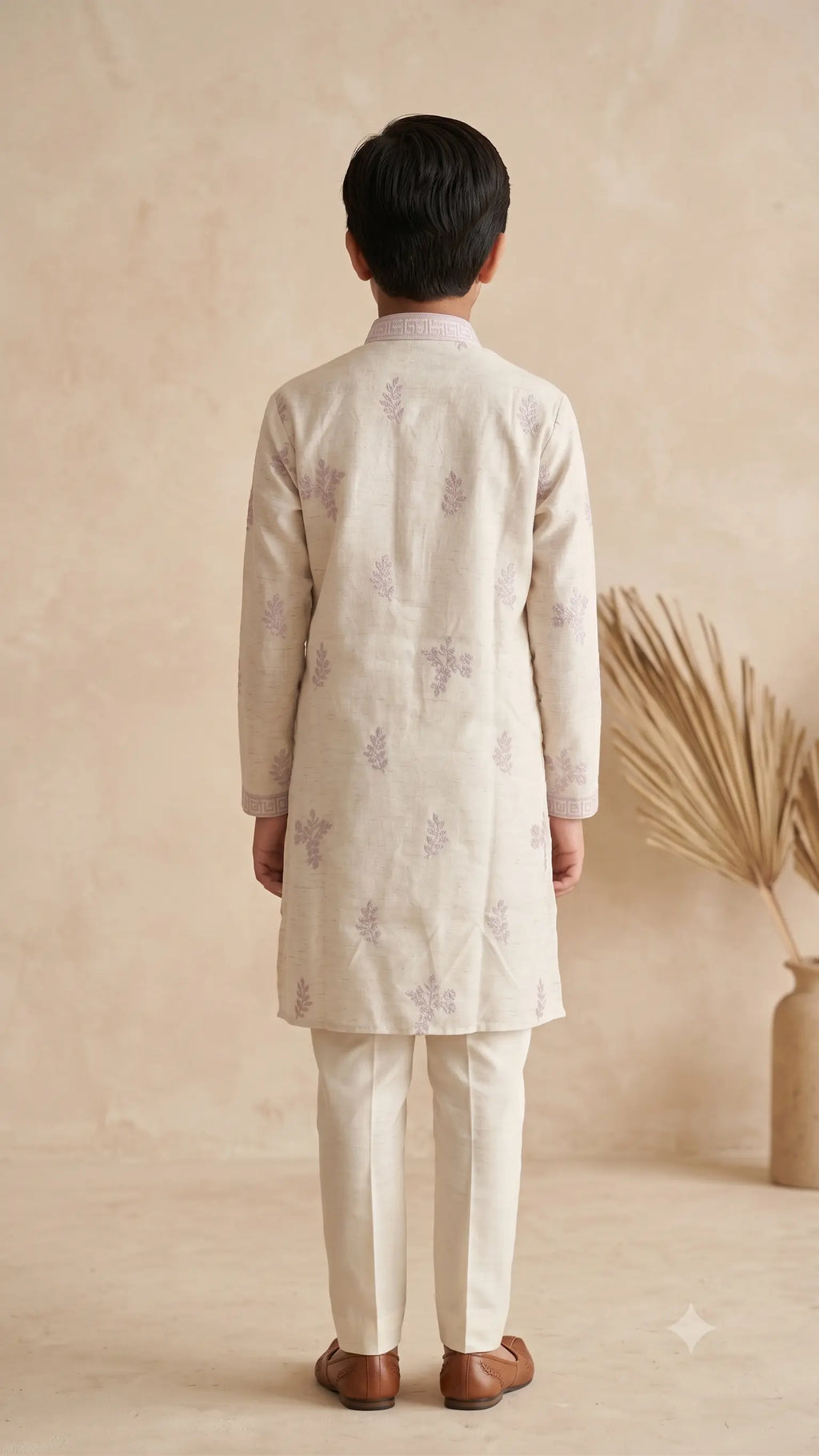 Boys Beige & Lavender Embroidered Silk-Blend Kurta Pajama Set