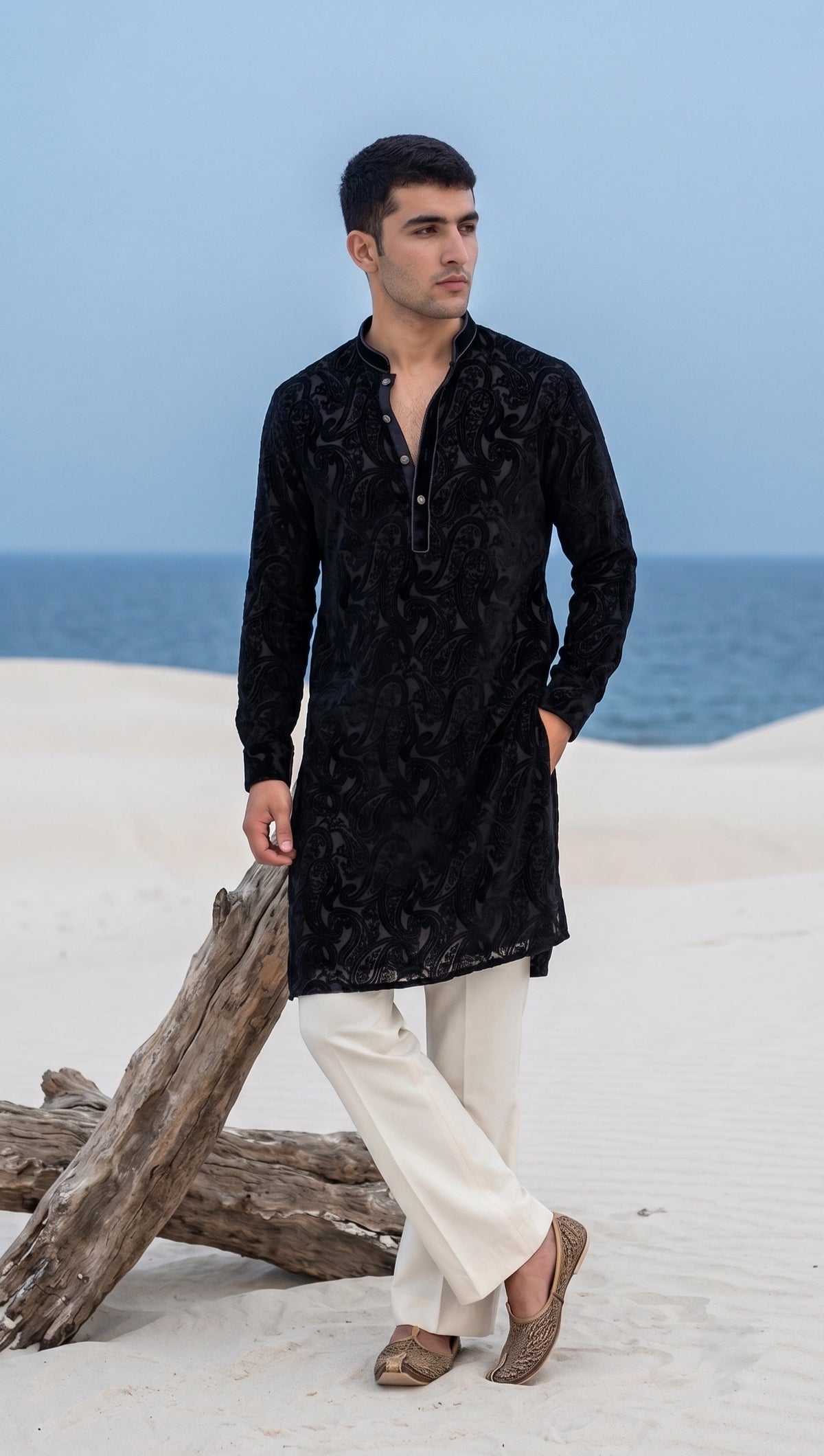 Noir Paisley Burnout Velvet Kurta for Men
