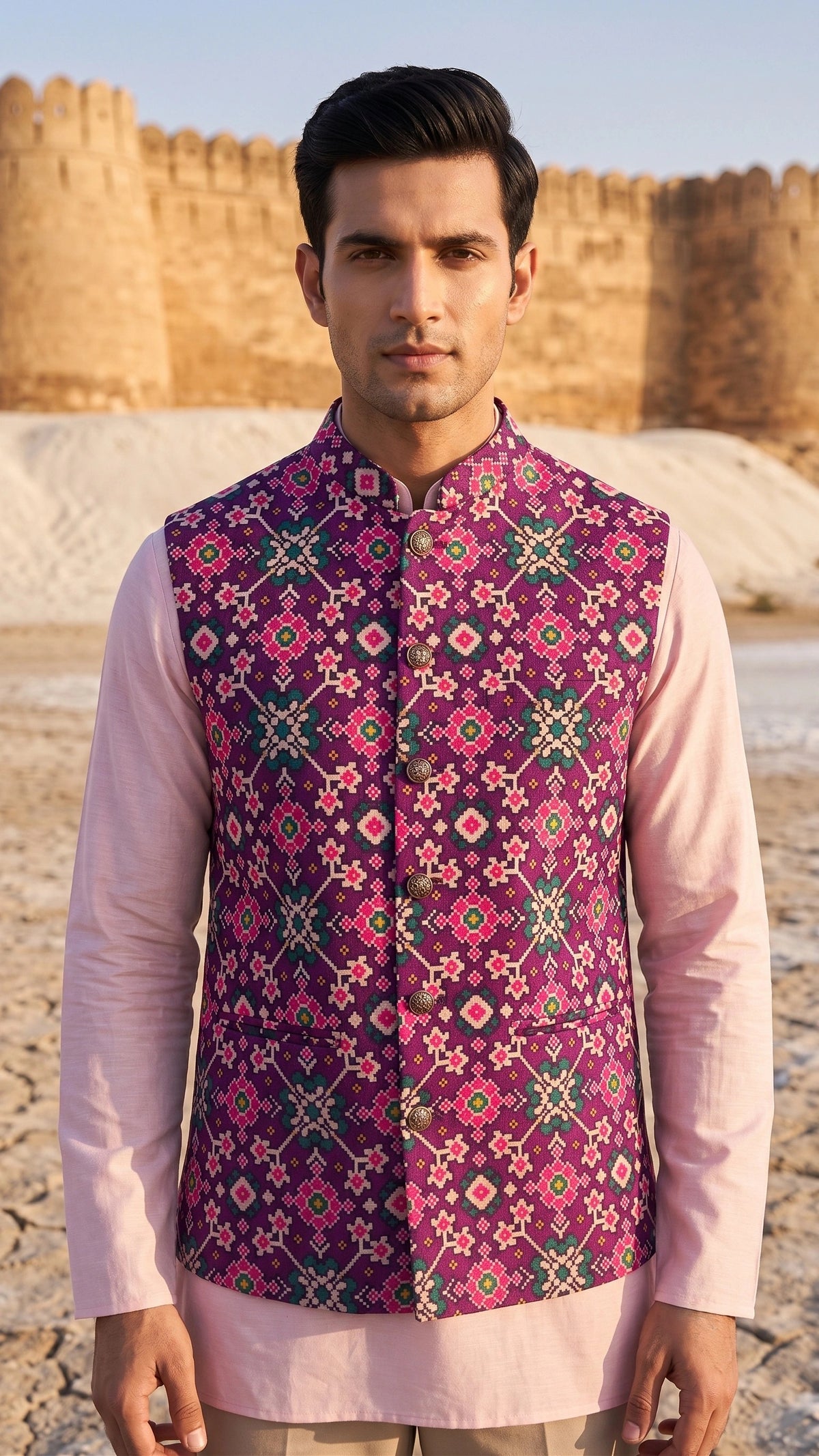Royal Purple Geometric Ikat-Inspired Festive Waistcoat for Men
