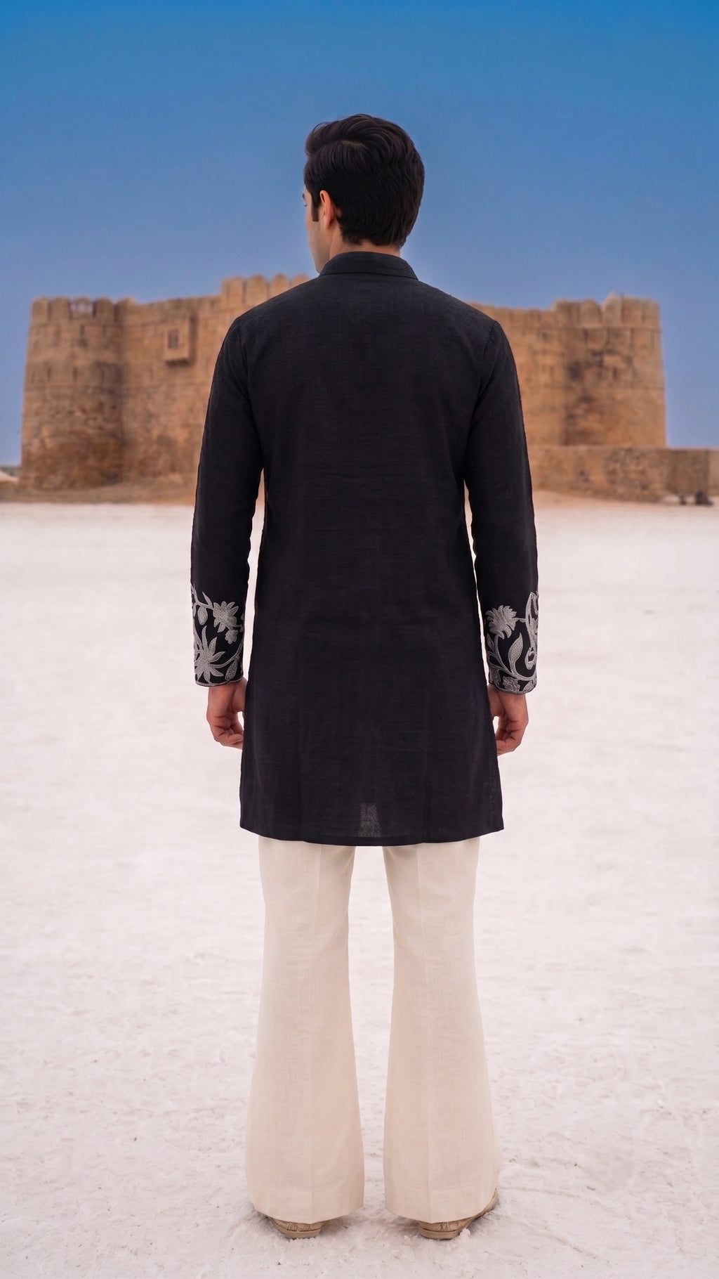 Jet Black Festive Kurta with Silver Vine & Paisley Threadwork
