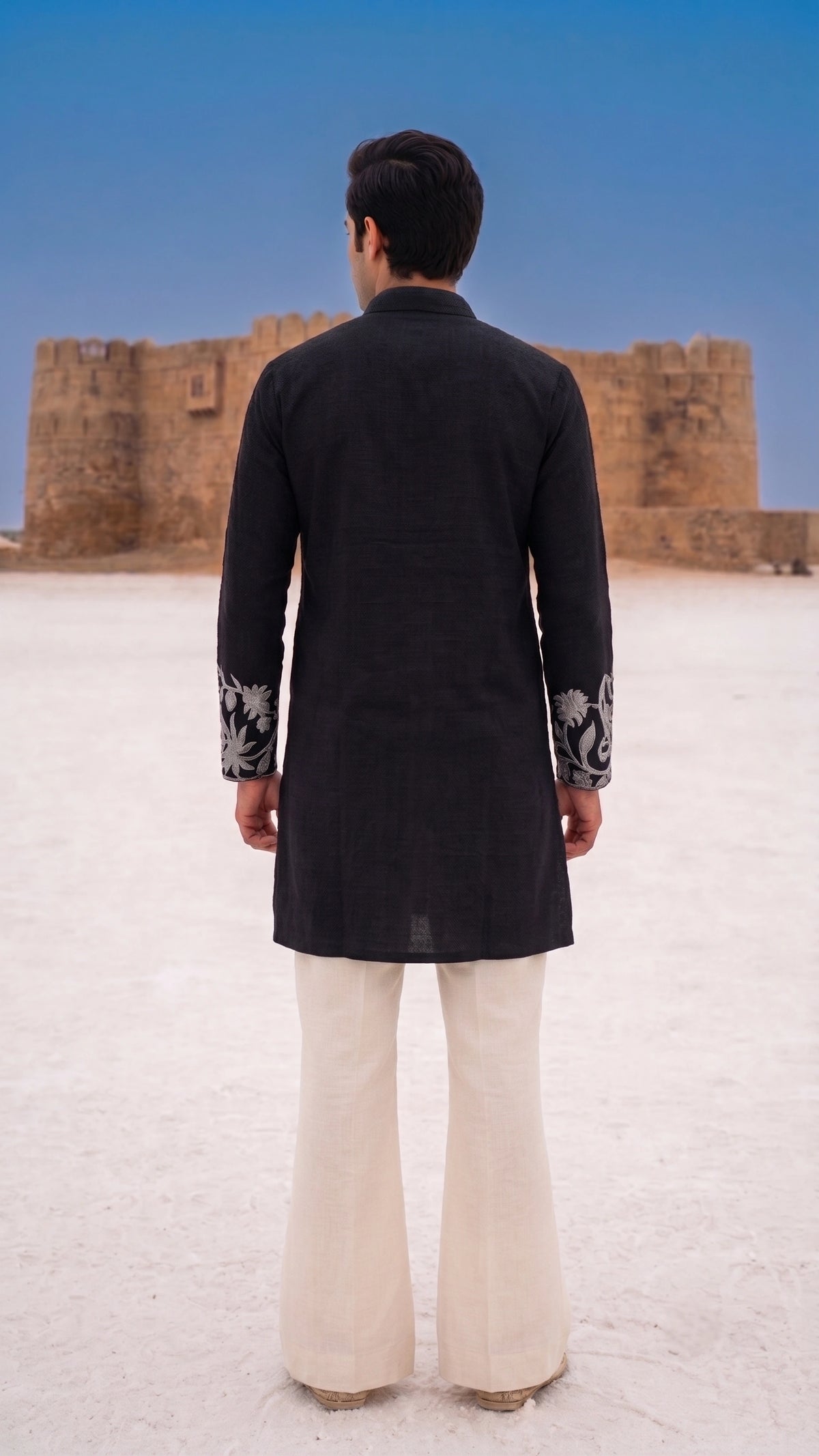 Jet Black Festive Kurta with Silver Vine & Paisley Threadwork