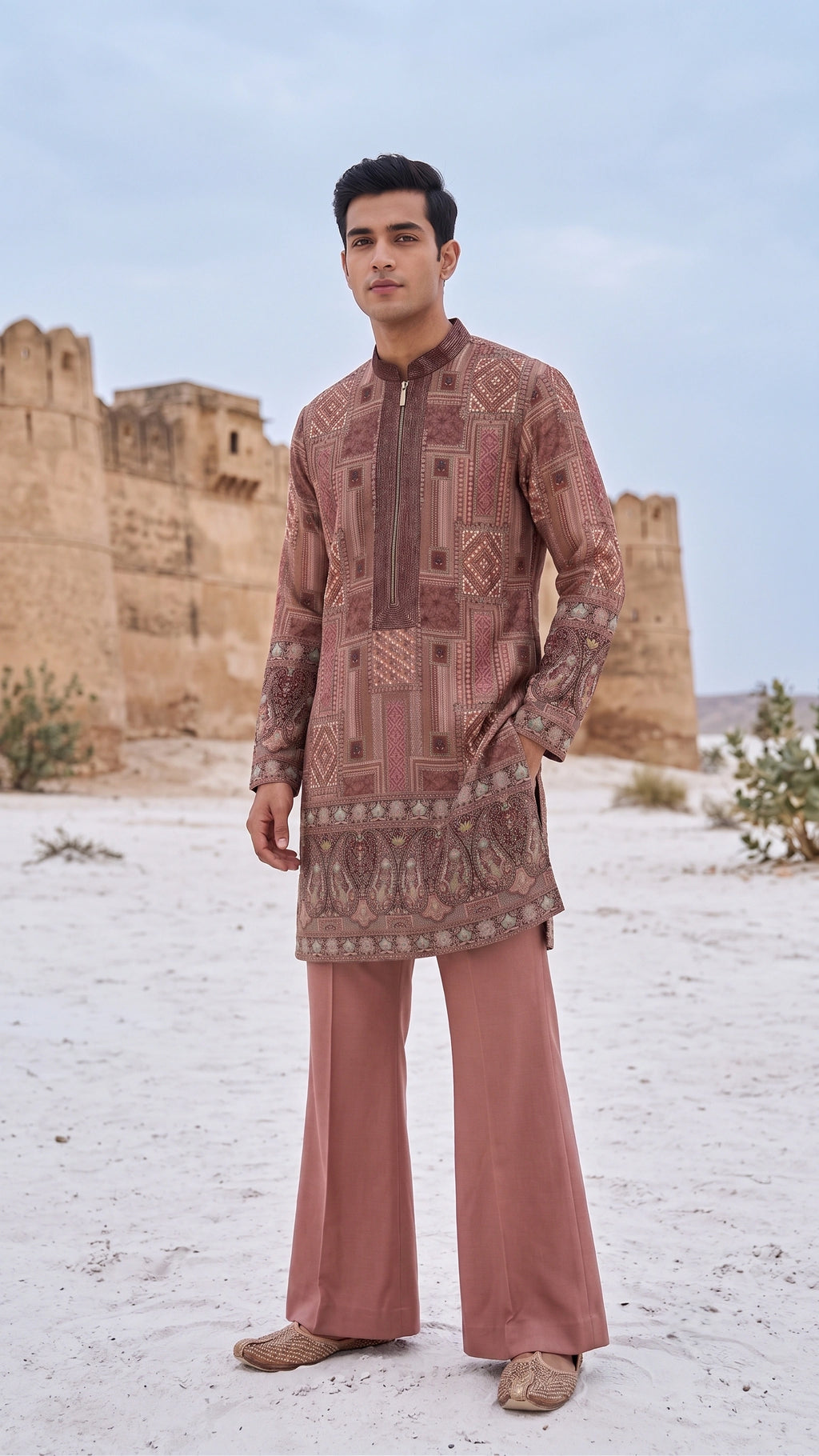 Dusty Rose Geometric & Paisley Printed Zipper Kurta Set