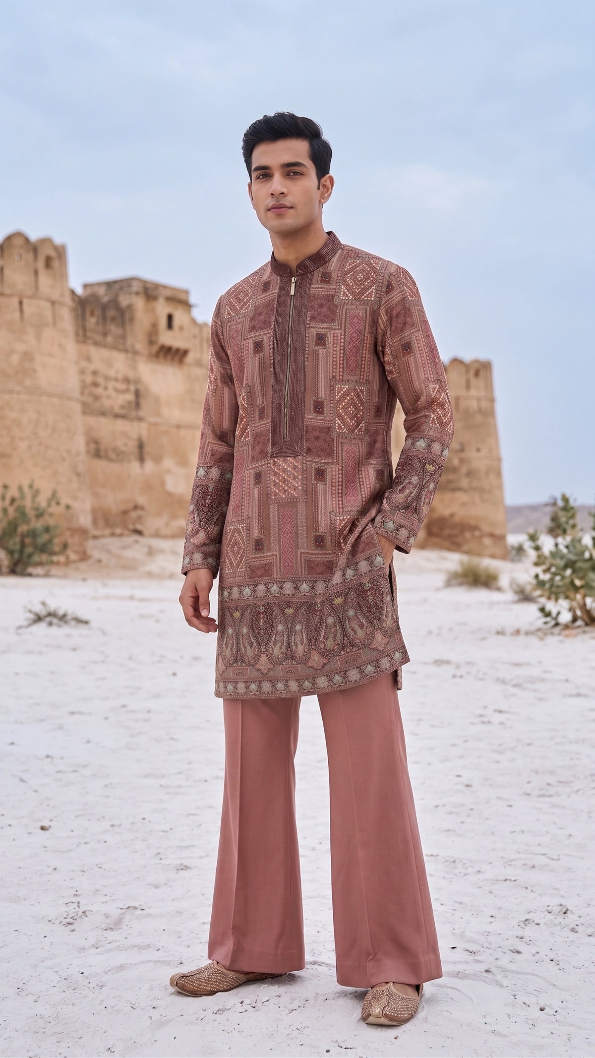 Dusty Rose Geometric & Paisley Printed Zipper Kurta Set