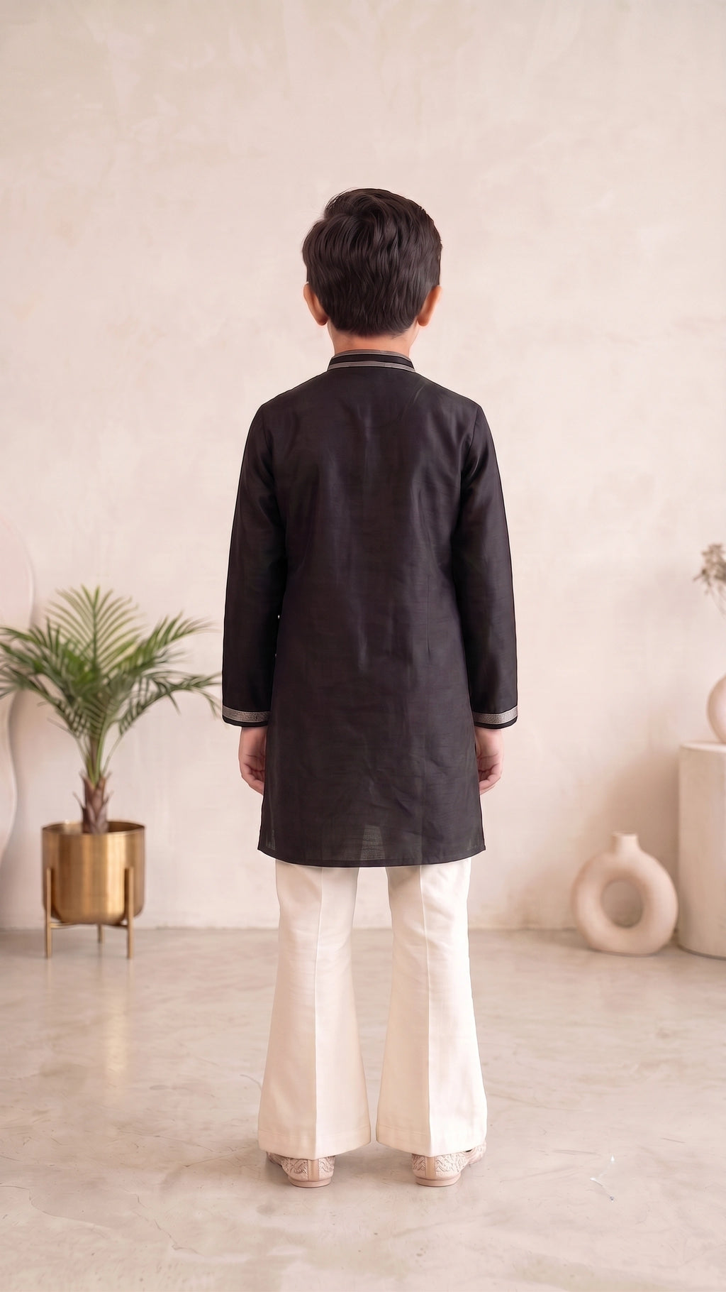 Regal Midnight: Embroidered Black Kurta & Bell-Bottom Trouser Set for Boys