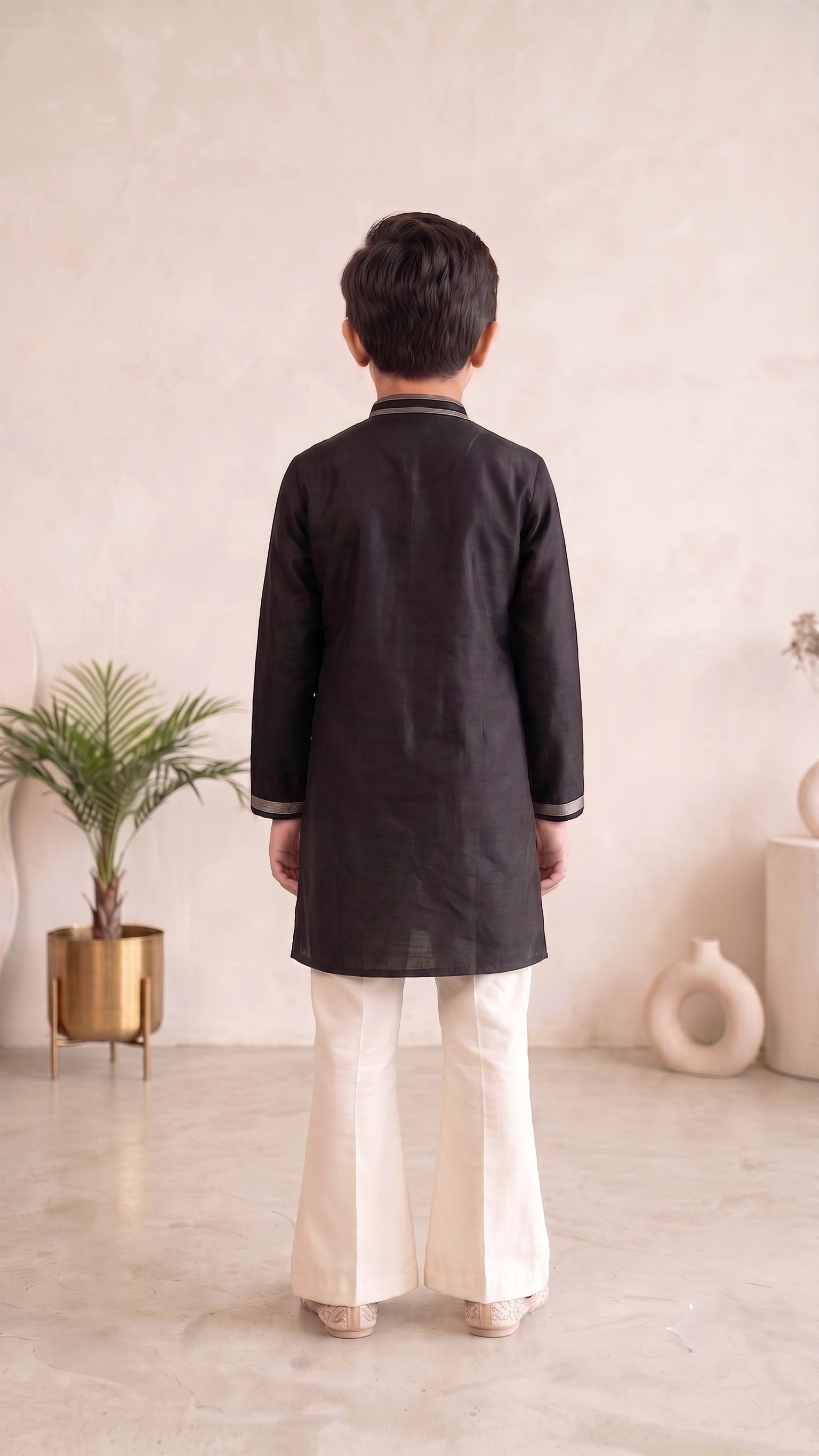 Regal Midnight: Embroidered Black Kurta & Bell-Bottom Trouser Set for Boys