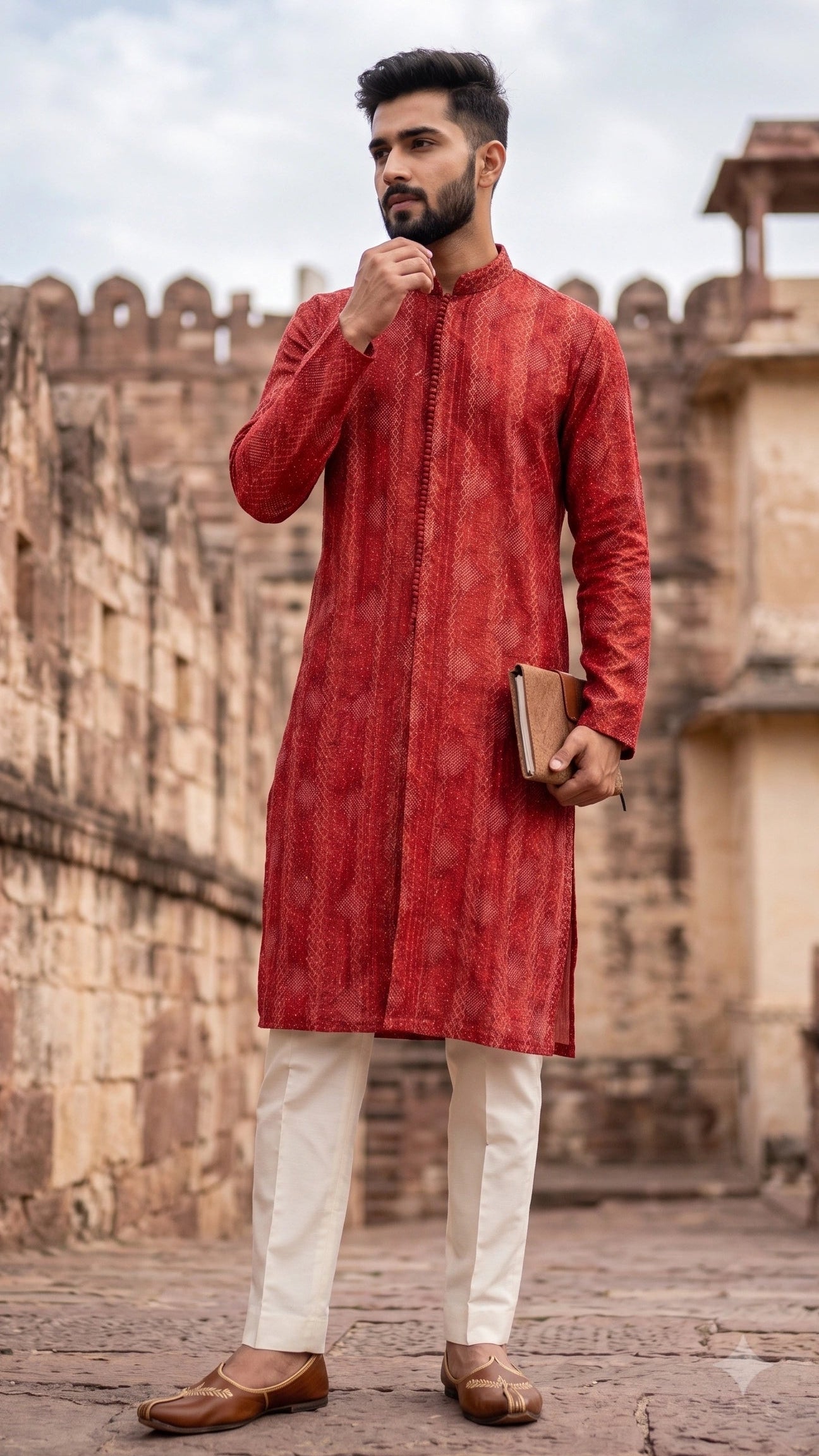 Crimson Rust Bandhani Print Silk Blend Kurta