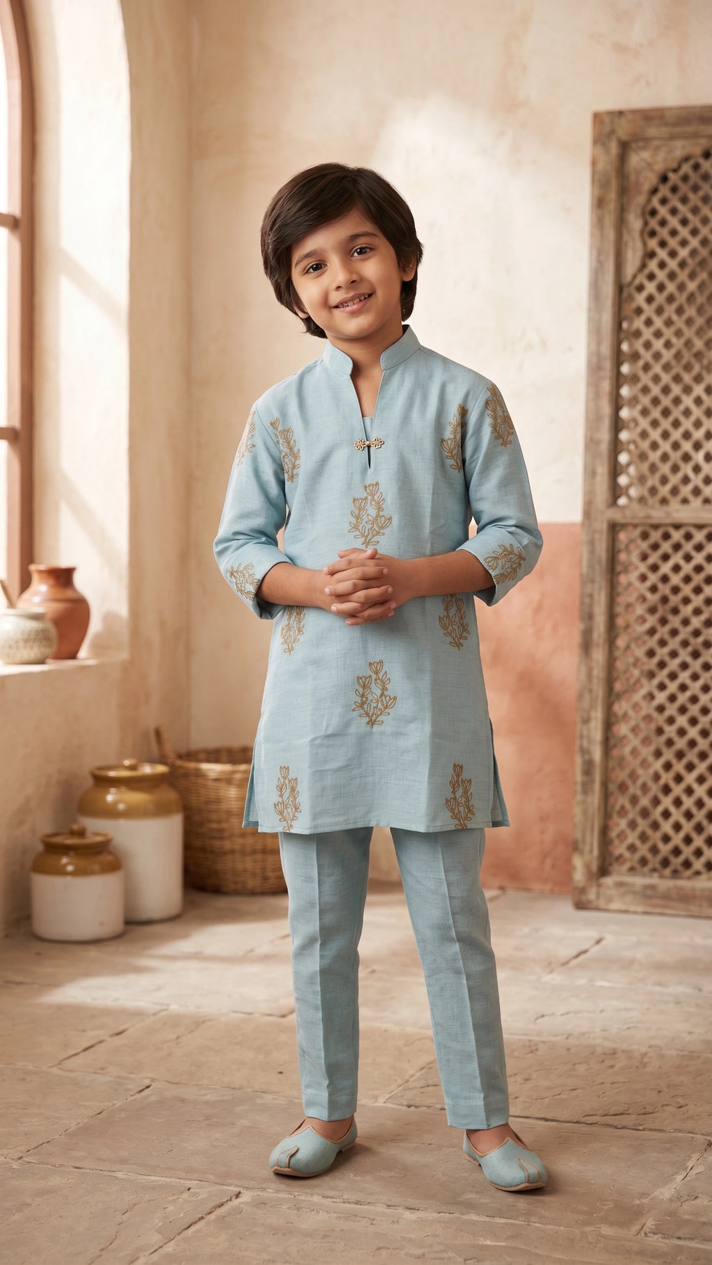 Kids Sky Blue Festive Kurta Set with Golden Floral Embroidery