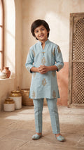 Kids Sky Blue Festive Kurta Set with Golden Floral Embroidery