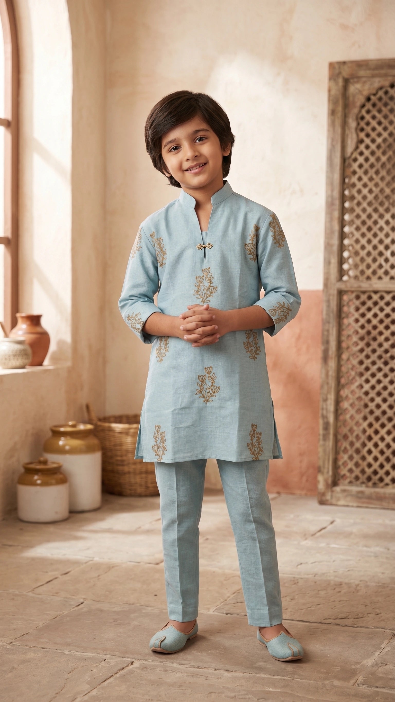 Kids Sky Blue Festive Kurta Set with Golden Floral Embroidery