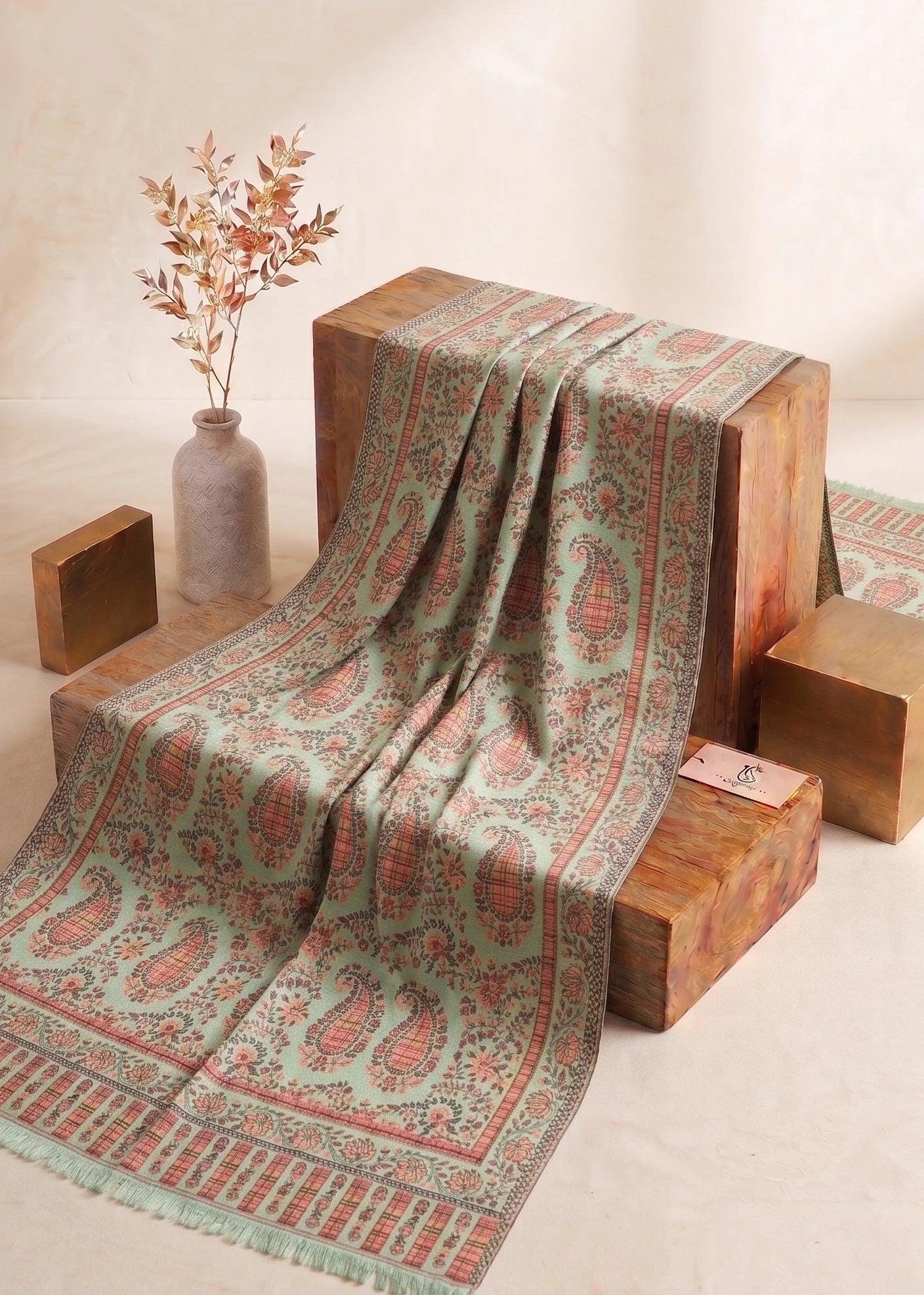 Sage Mint Paisley Kalka Pashmina Stole