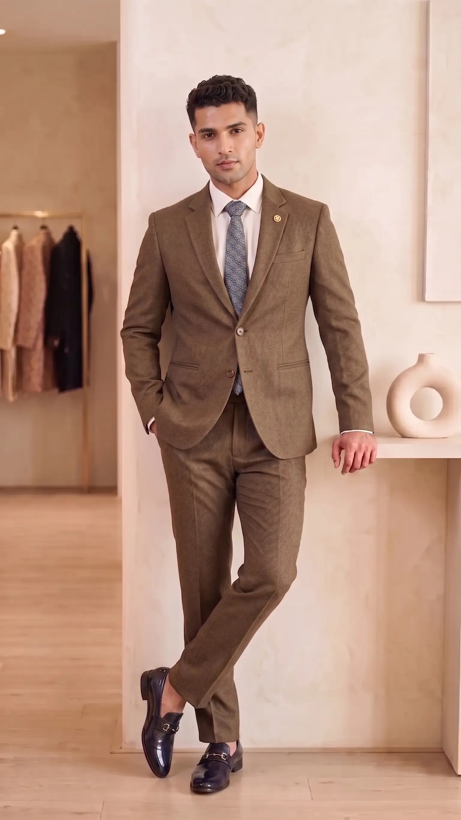 Earth-Tone Textured Two-Piece Formal Suit