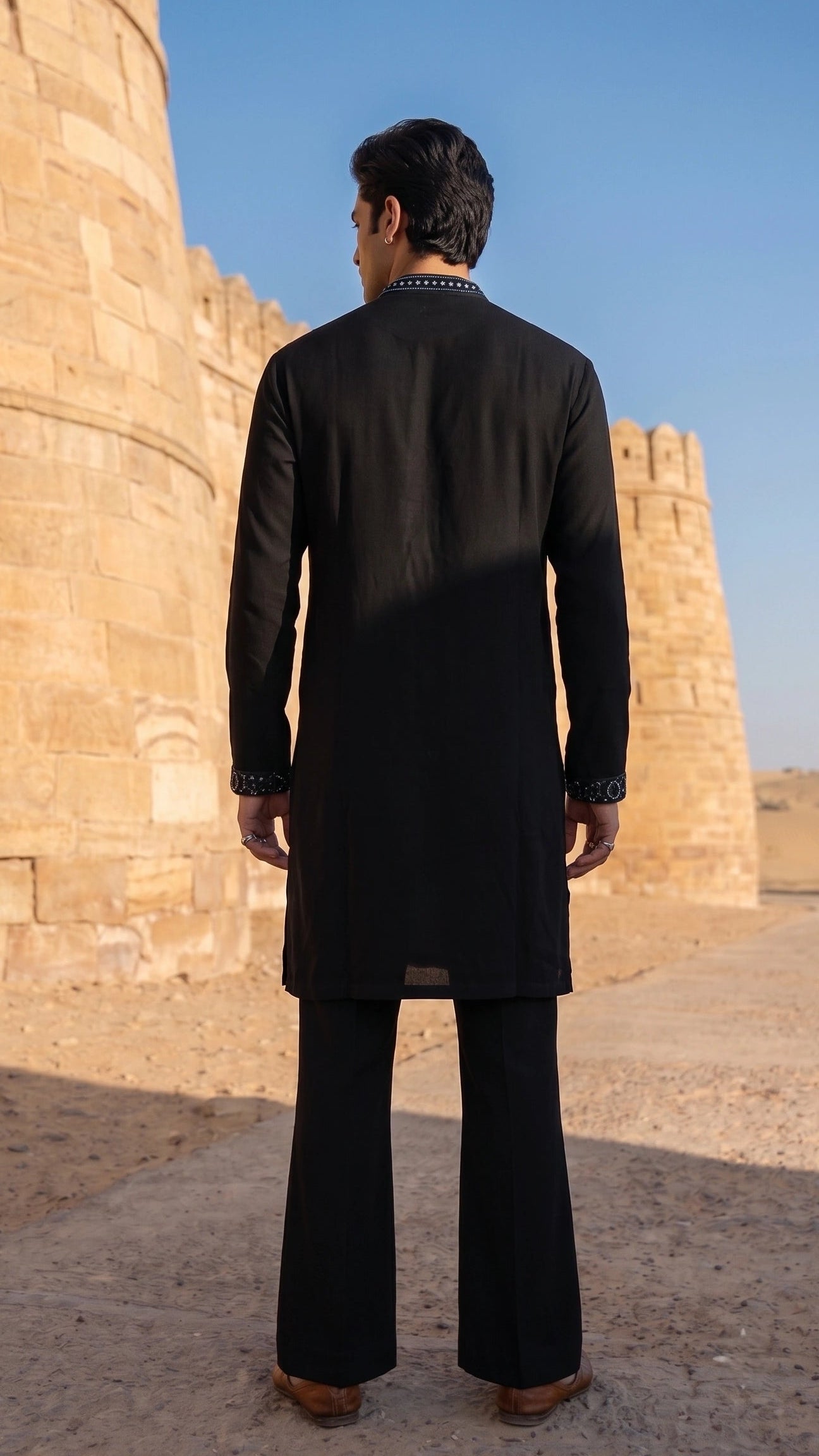 Midnight Black Hand-Embroidered Floral Motif Short Kurta