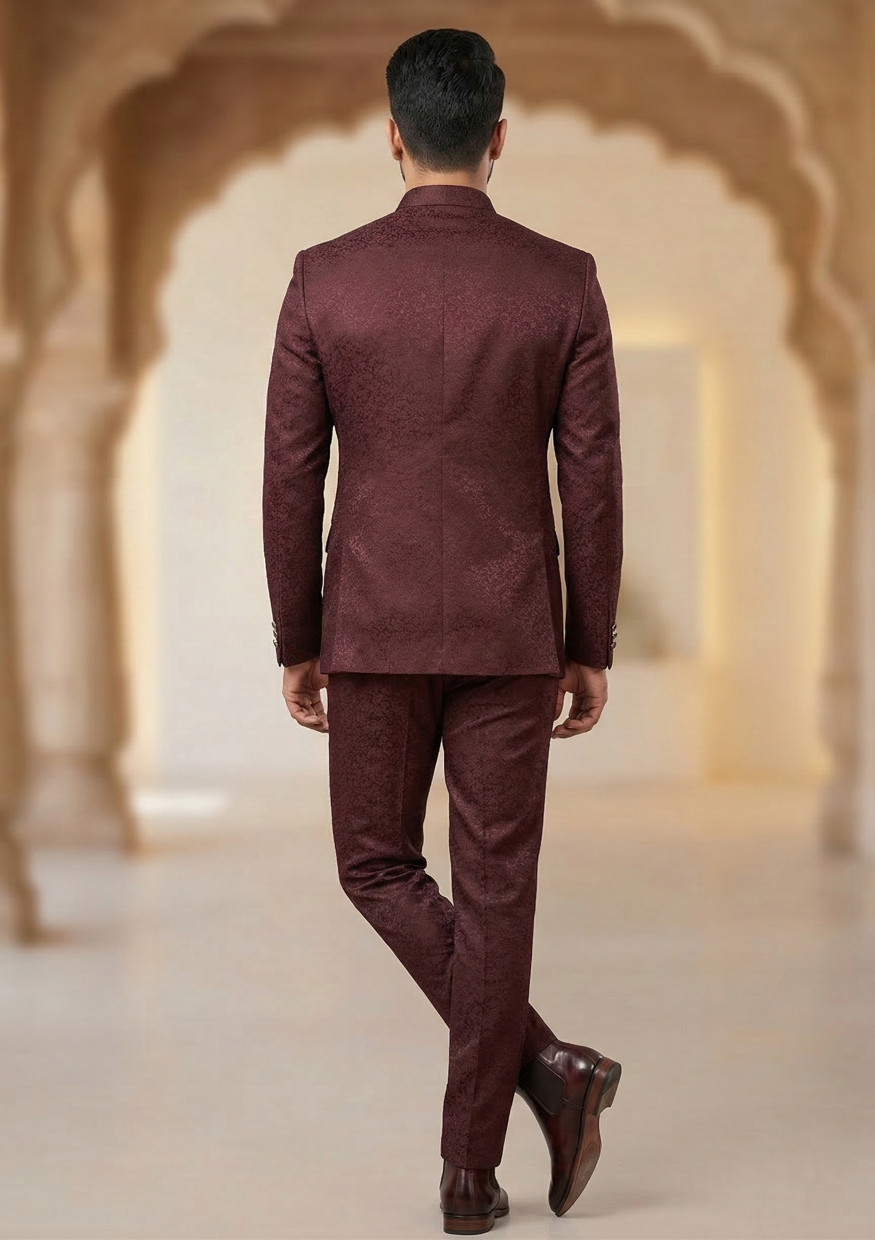 Royal Wine Floral Jacquard Jodhpuri Suit