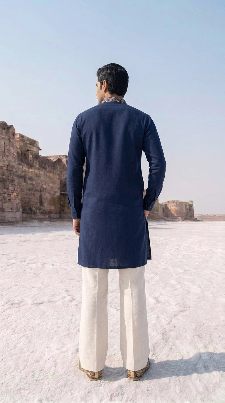 The Royal Indigo Motif Linen-Cotton Kurta