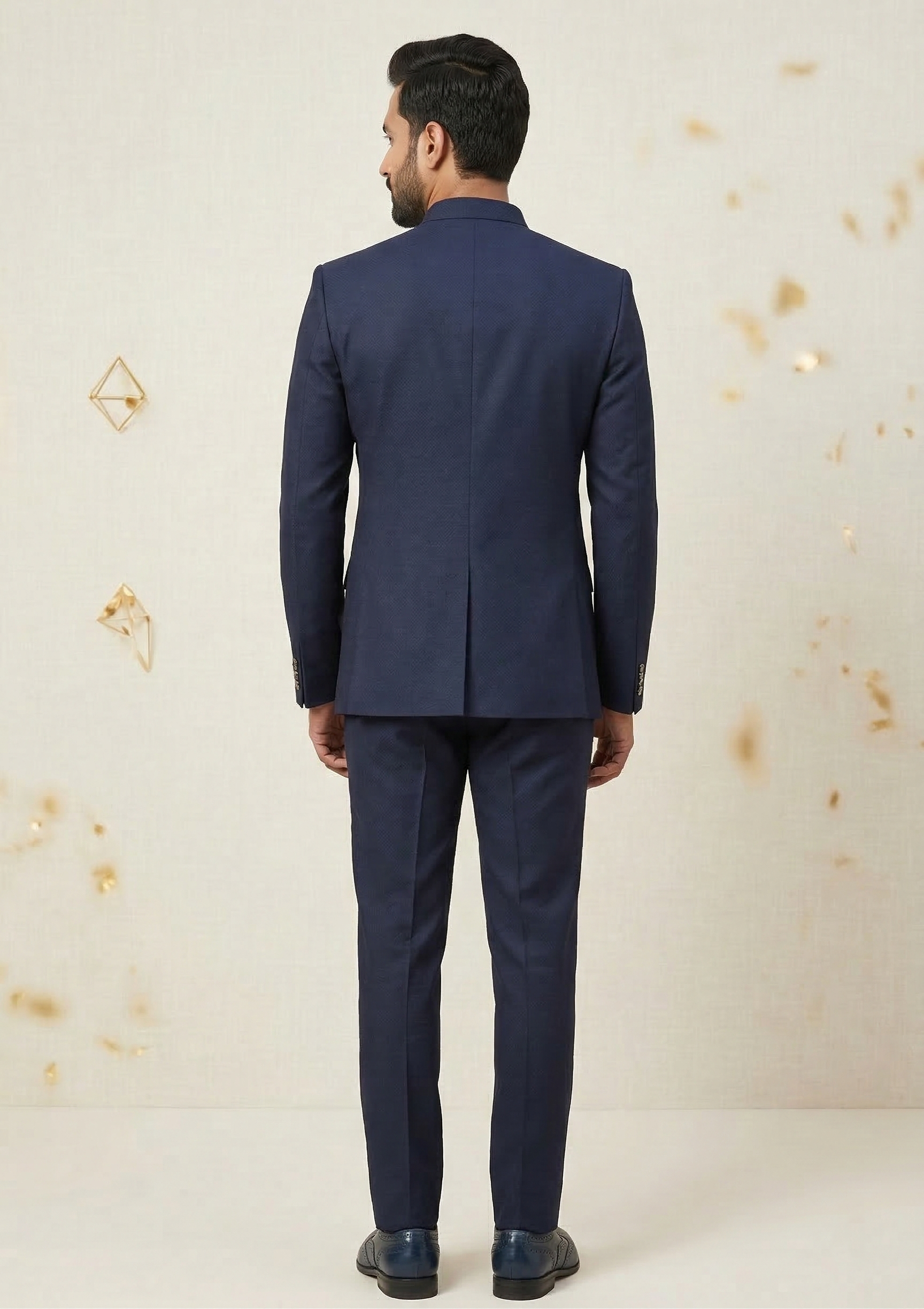 Elegant Navy Blue Textured Jodhpuri Suit