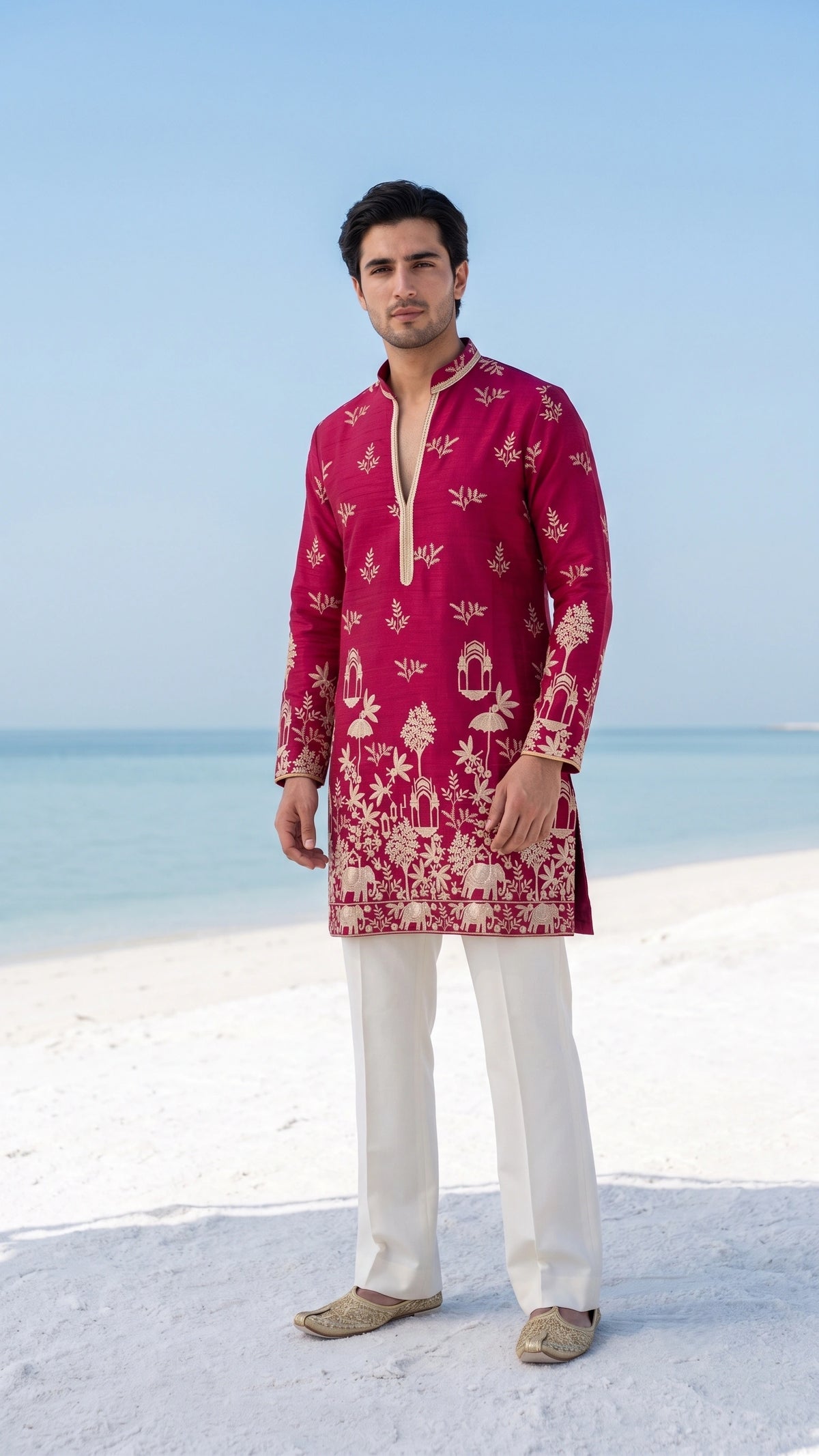 Crimson Heritage Embroidered Raw Silk Kurta Set