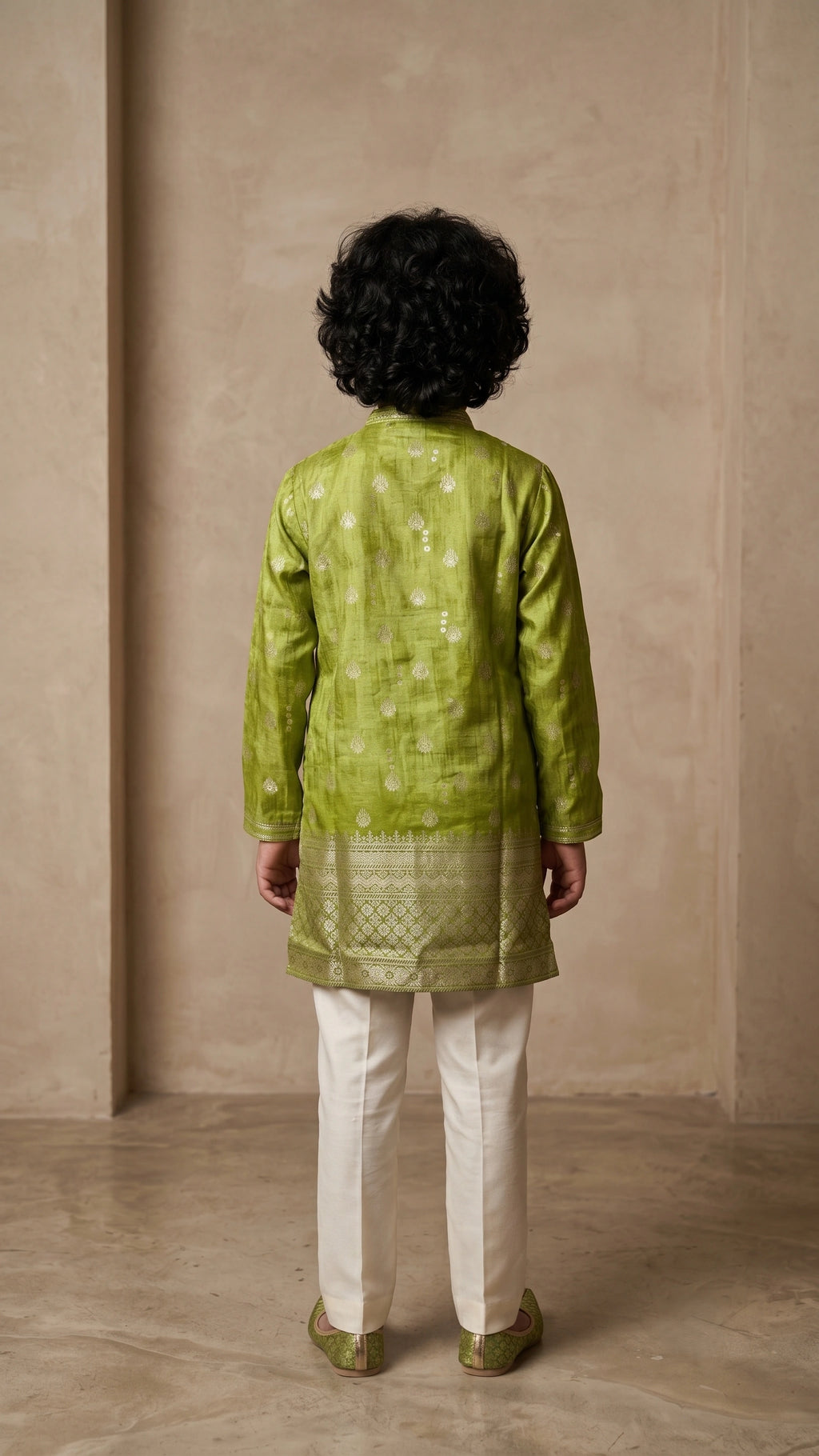 Boys Olive Green Foil Print Kurta Set with Straight-Fit Trousers