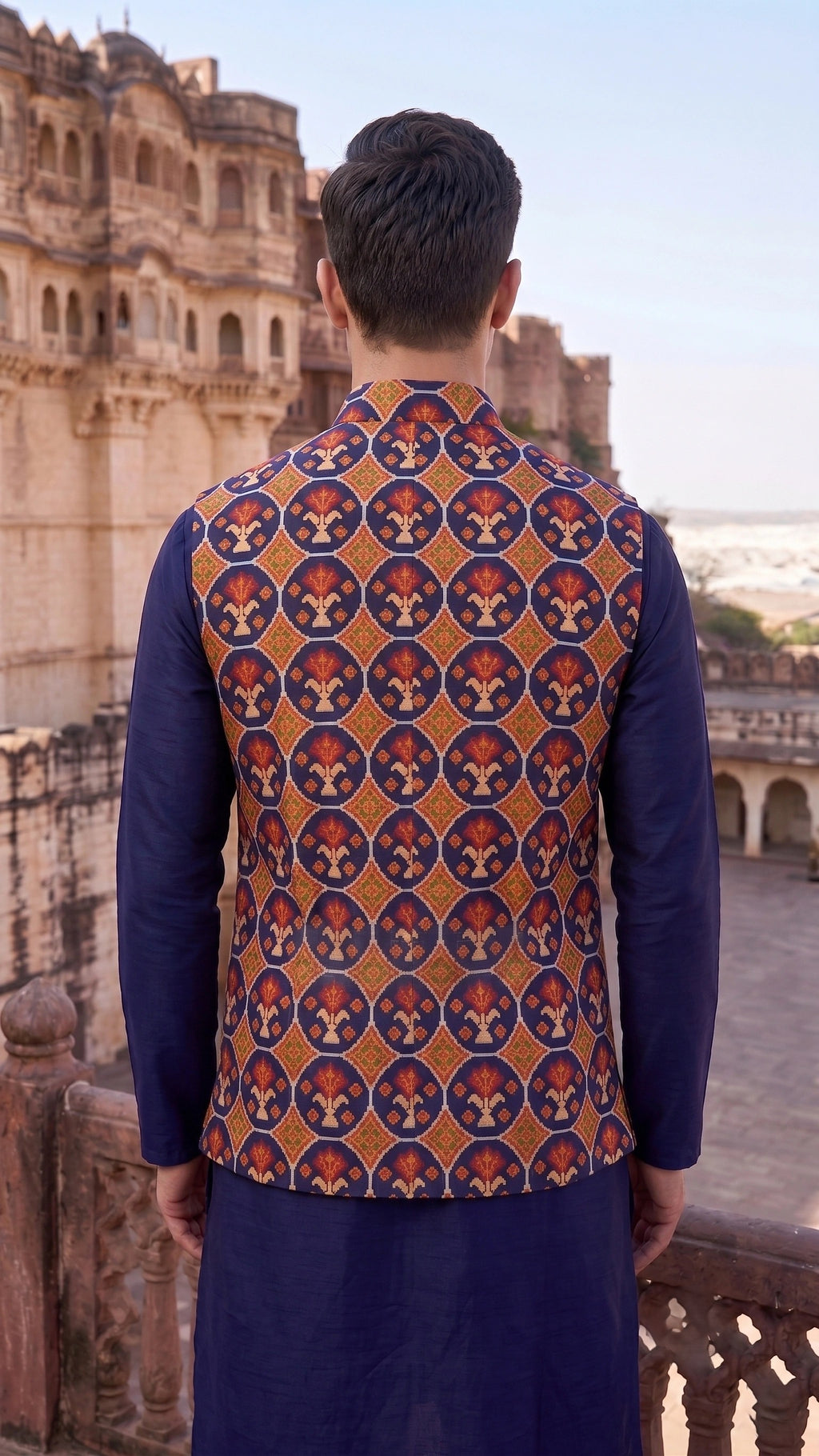 Heritage Printed Silk-Blend Waistcoat in Midnight Blue & Ochre