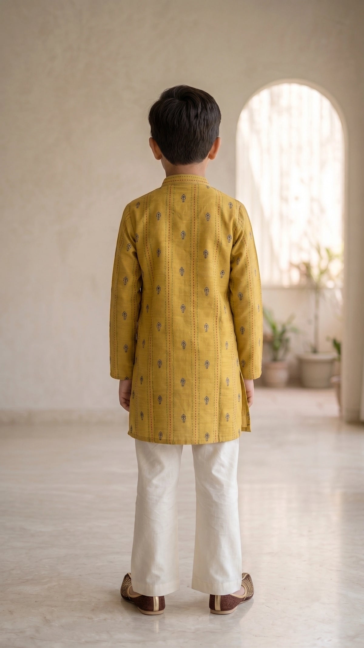 Traditional Mustard Gold Embroidered Kurta & Broad-Fit Flared Pant Set for Boys