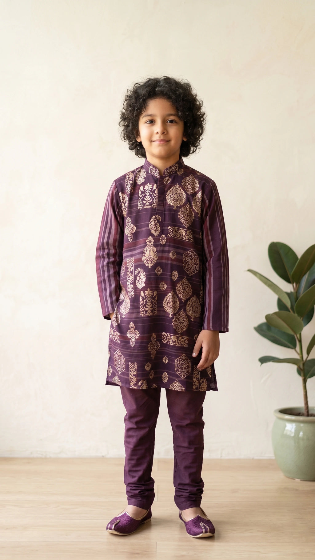Boys Deep Wine Striped & Foil Printed Kurta Set