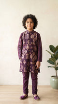 Boys Deep Wine Striped & Foil Printed Kurta Set