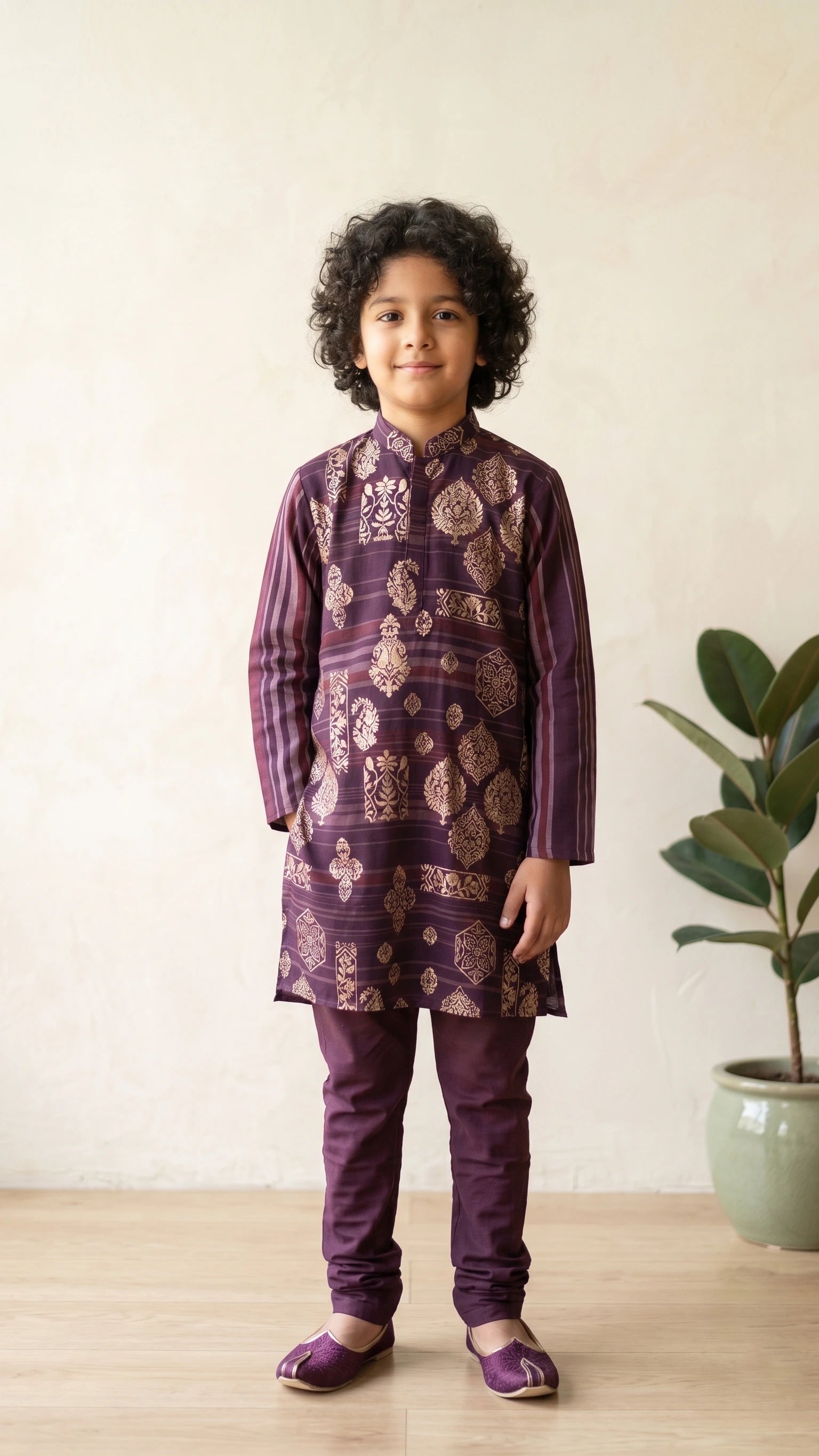 Boys Deep Wine Striped & Foil Printed Kurta Set