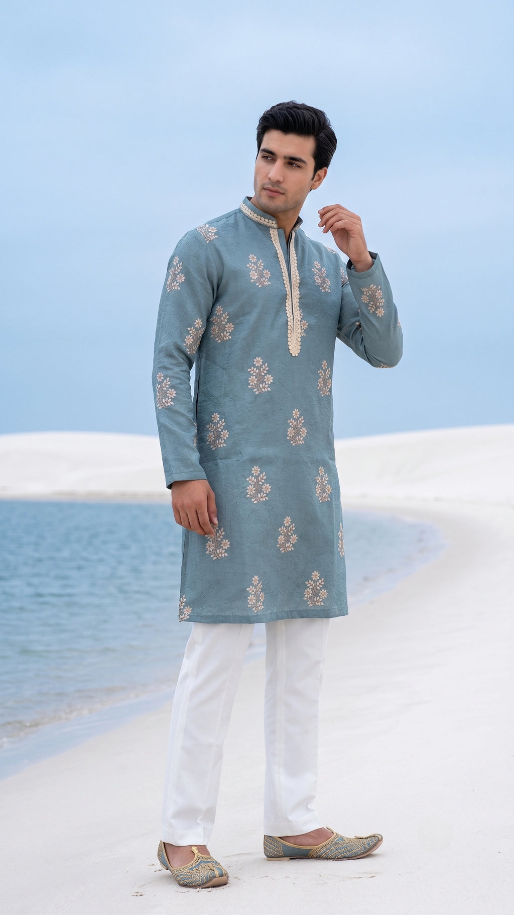 Dusty Sea Green Hand-Embroidered Floral Buta Kurta Set