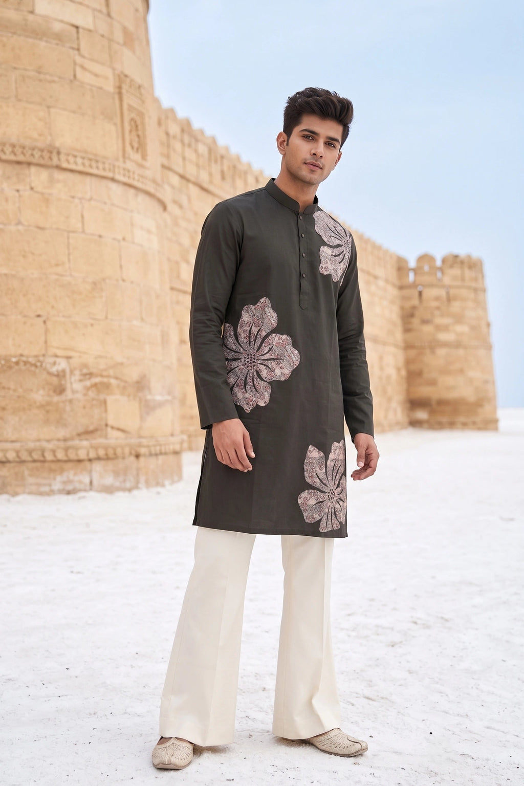 Olive Noir Handcrafted Floral Appliqué Kurta for Men