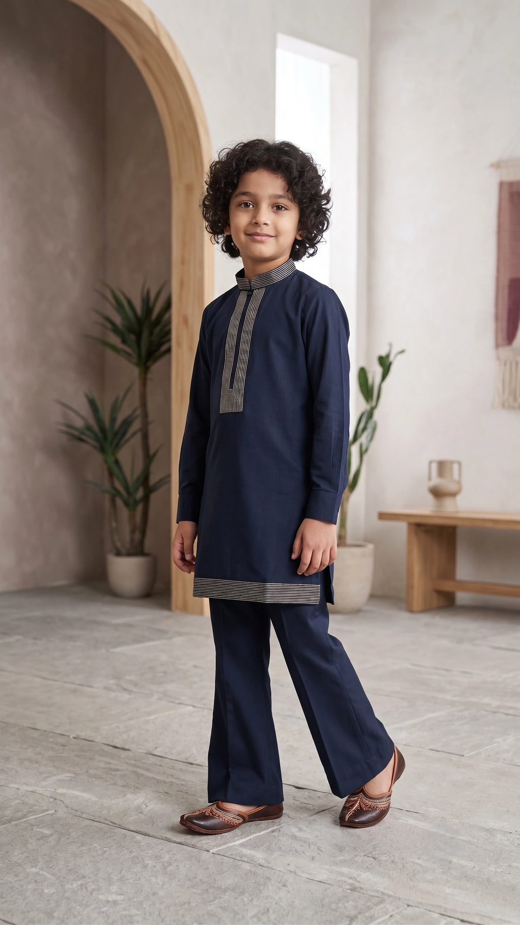 Royal Navy Textured Embroidered Kurta & Bootcut Pant Set for Boys