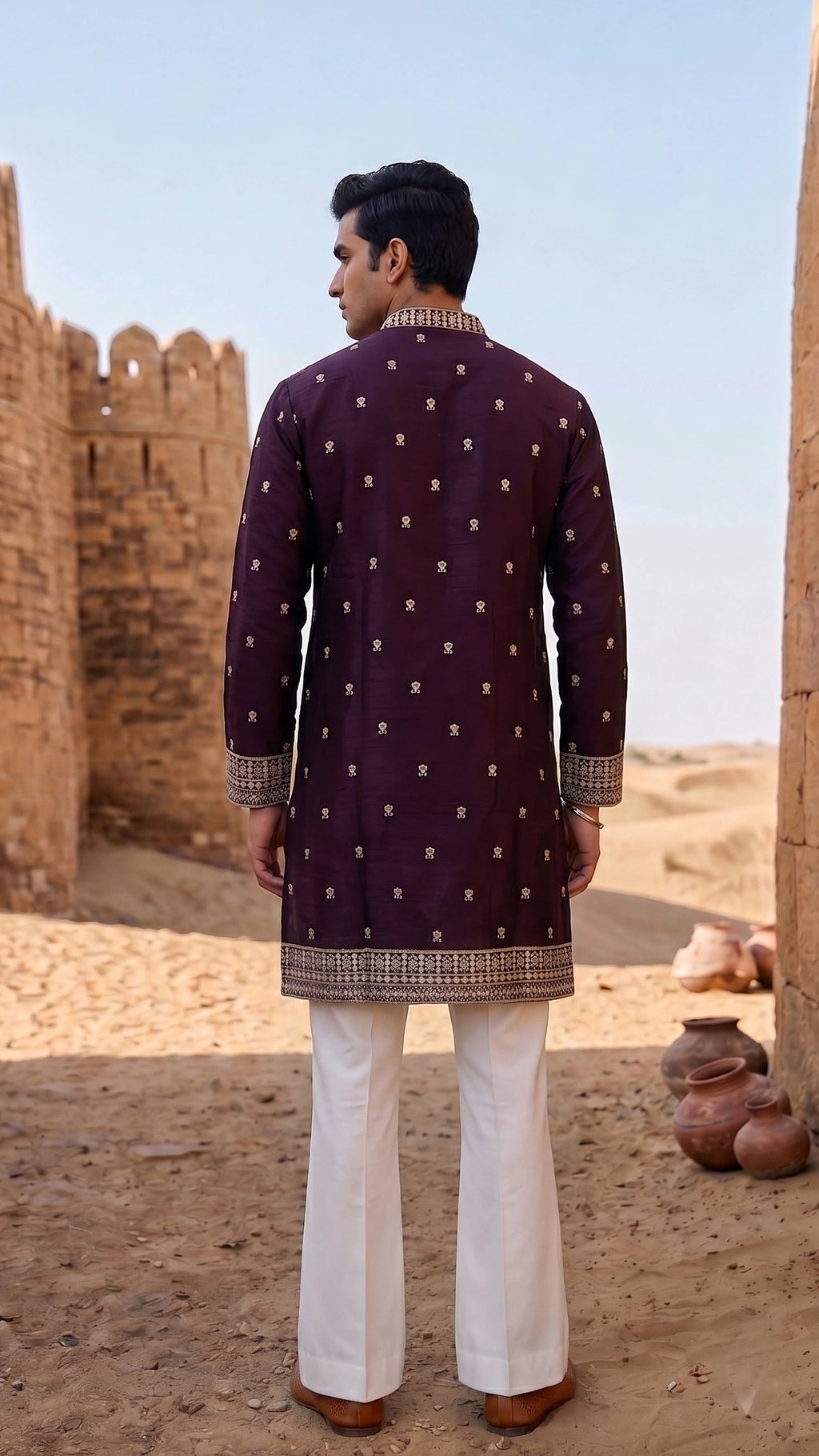 Deep Wine Embroidered Raw Silk Kurta with Mirror & Resham Work