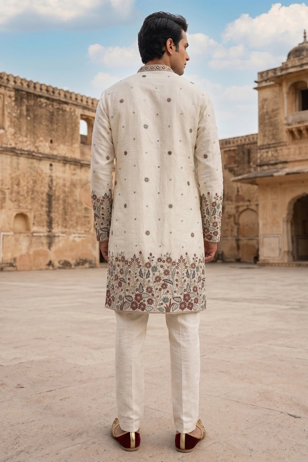 Royal Off-White Hand-Embroidered Festive Kurta for Men