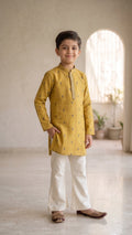 Traditional Mustard Gold Embroidered Kurta & Broad-Fit Flared Pant Set for Boys