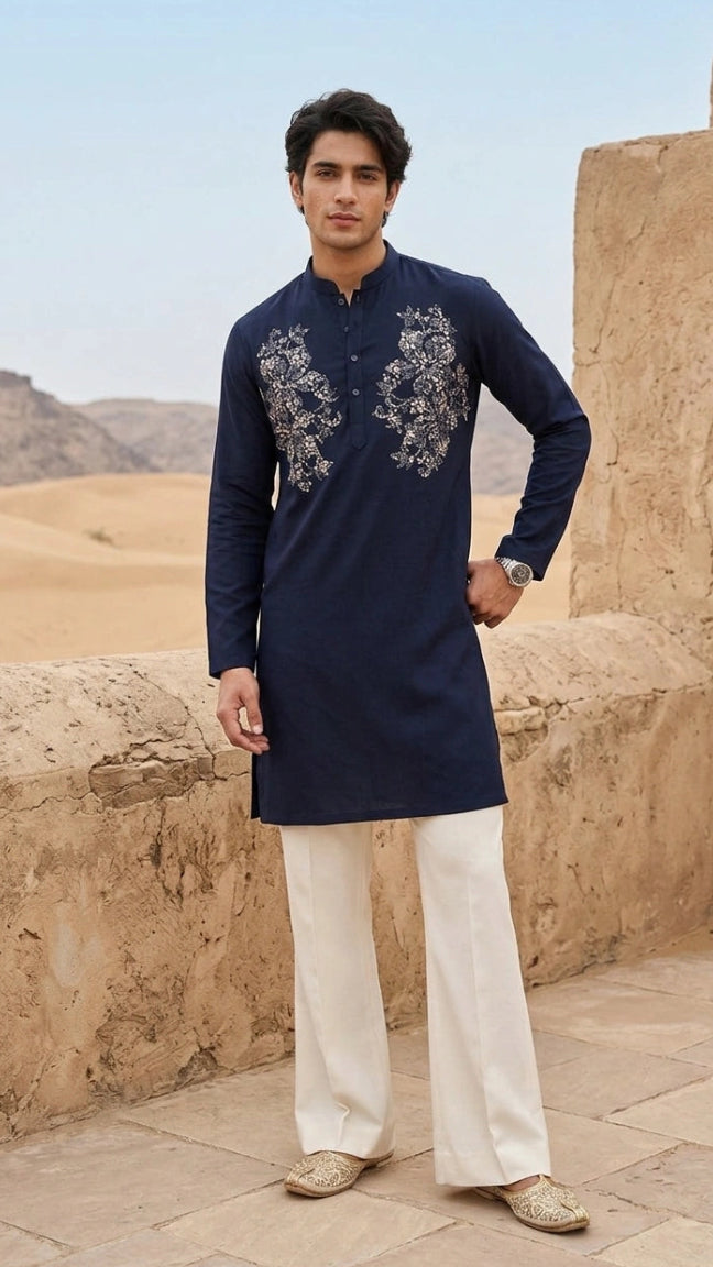 Regal Indigo Threadwork Kurta for Men