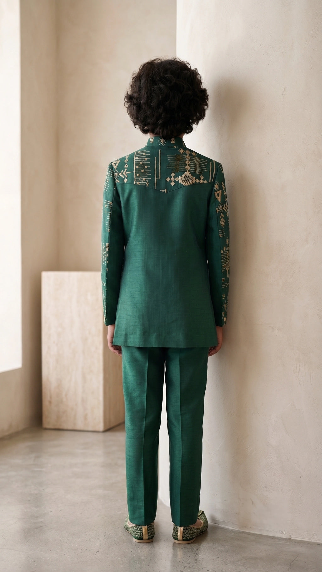 Royal Emerald Embroidered Semi-Indowestern Set for Boys