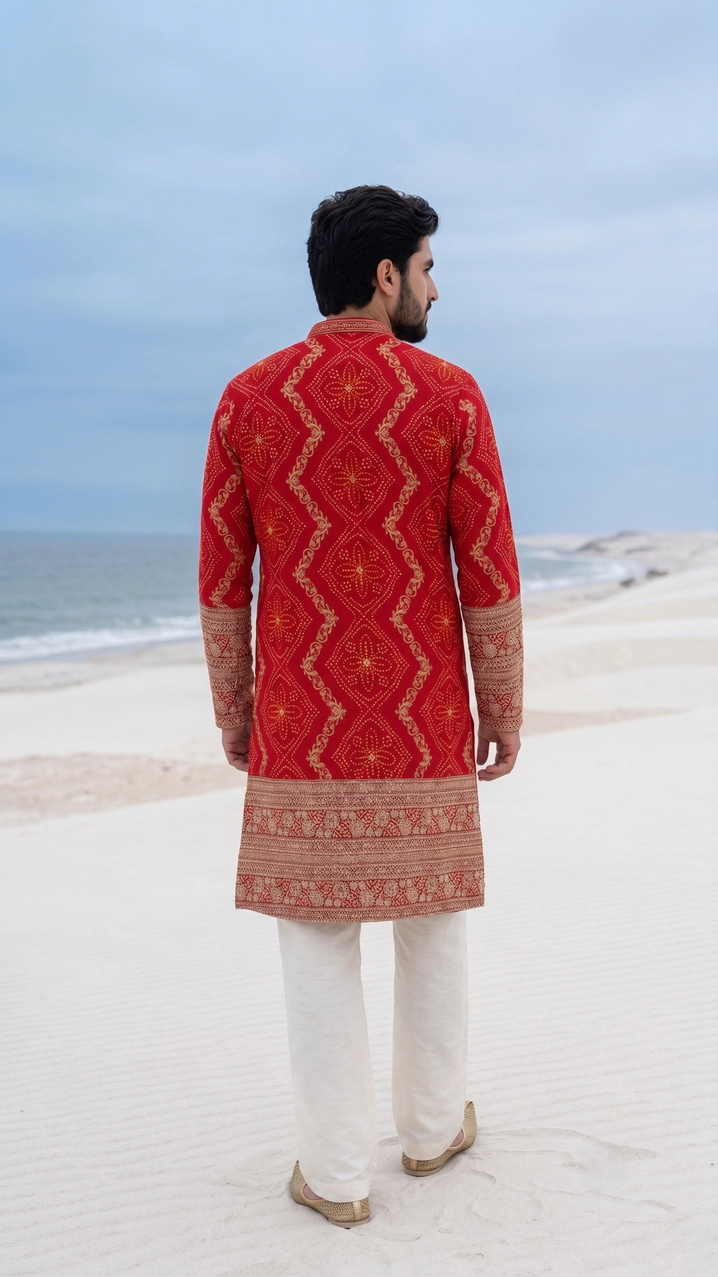 Crimson Red Bandhani Print Embroidered Silk Kurta Set