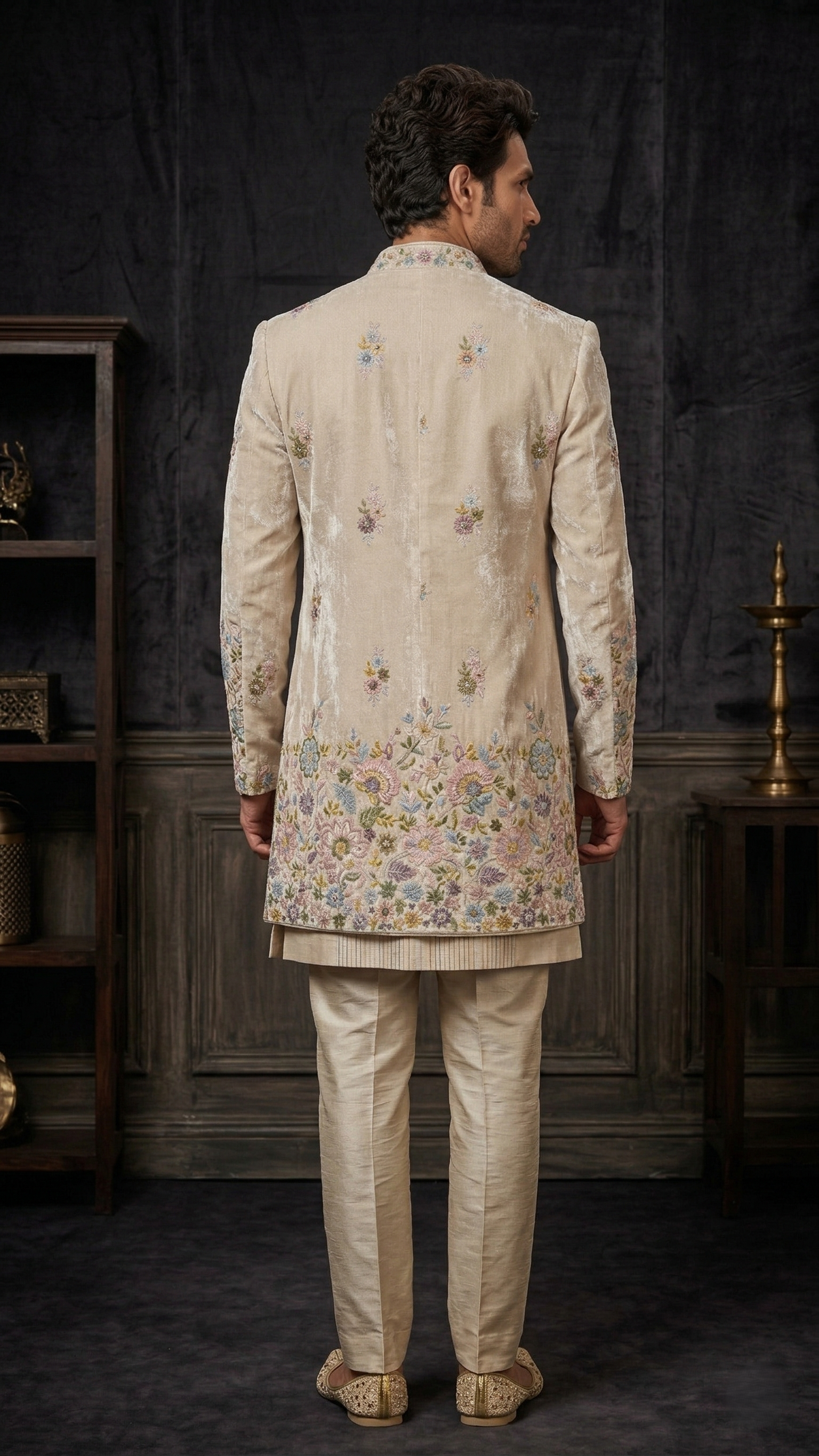 Ivory Velvet Embroidered Indo-Western Set by Dresswala NX