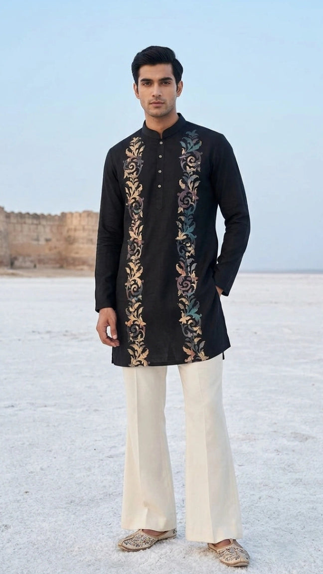 Midnight Black Baroque Embroidered Short Kurta