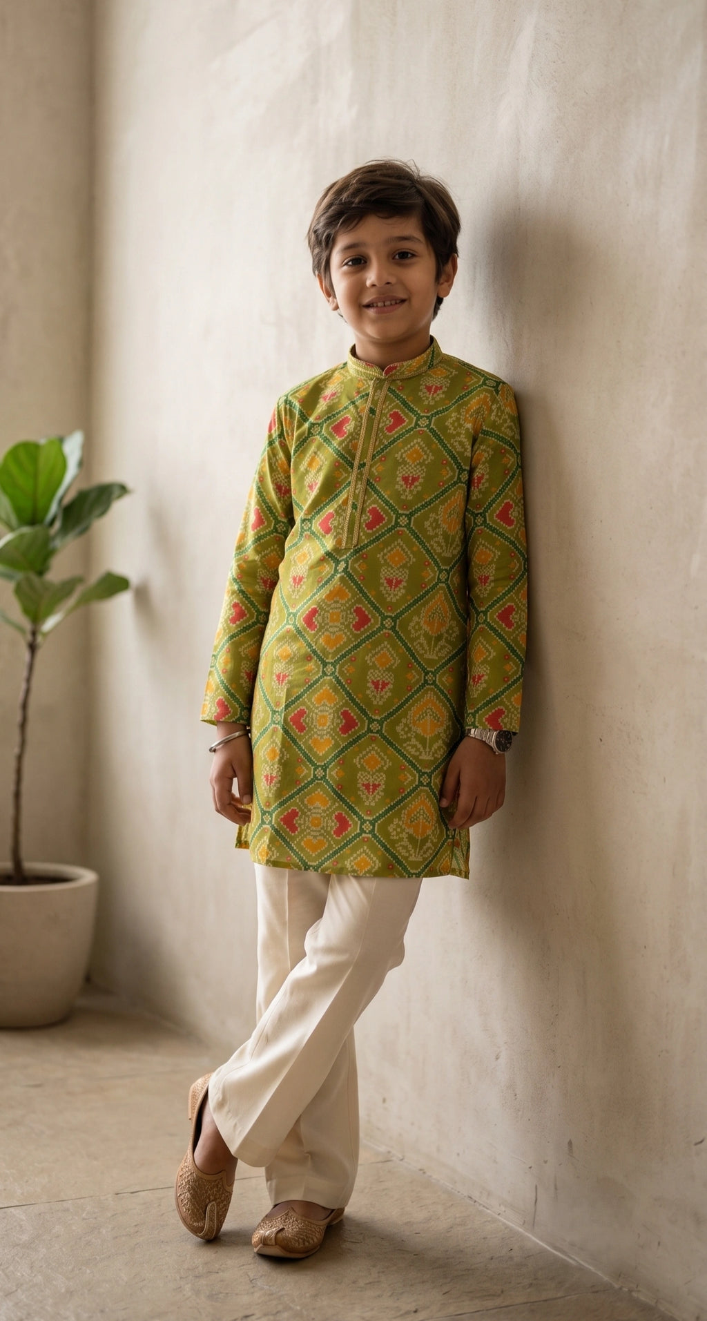 Boys Olive Green Patola Print Kurta Set with Off-White Bootcut Trousers