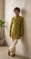 Boys Olive Green Patola Print Kurta Set with Off-White Bootcut Trousers