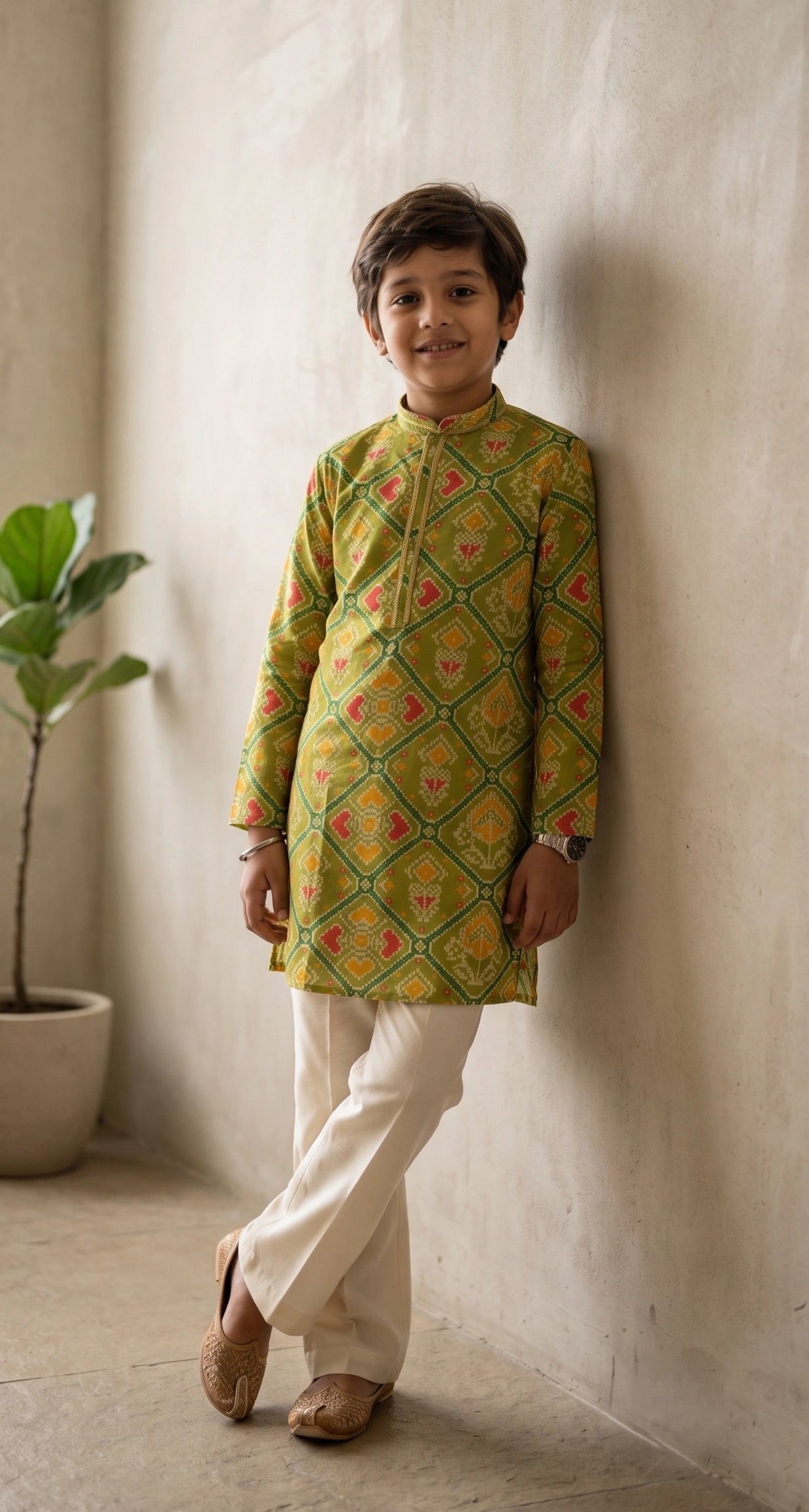 Boys Olive Green Patola Print Kurta Set with Off-White Bootcut Trousers
