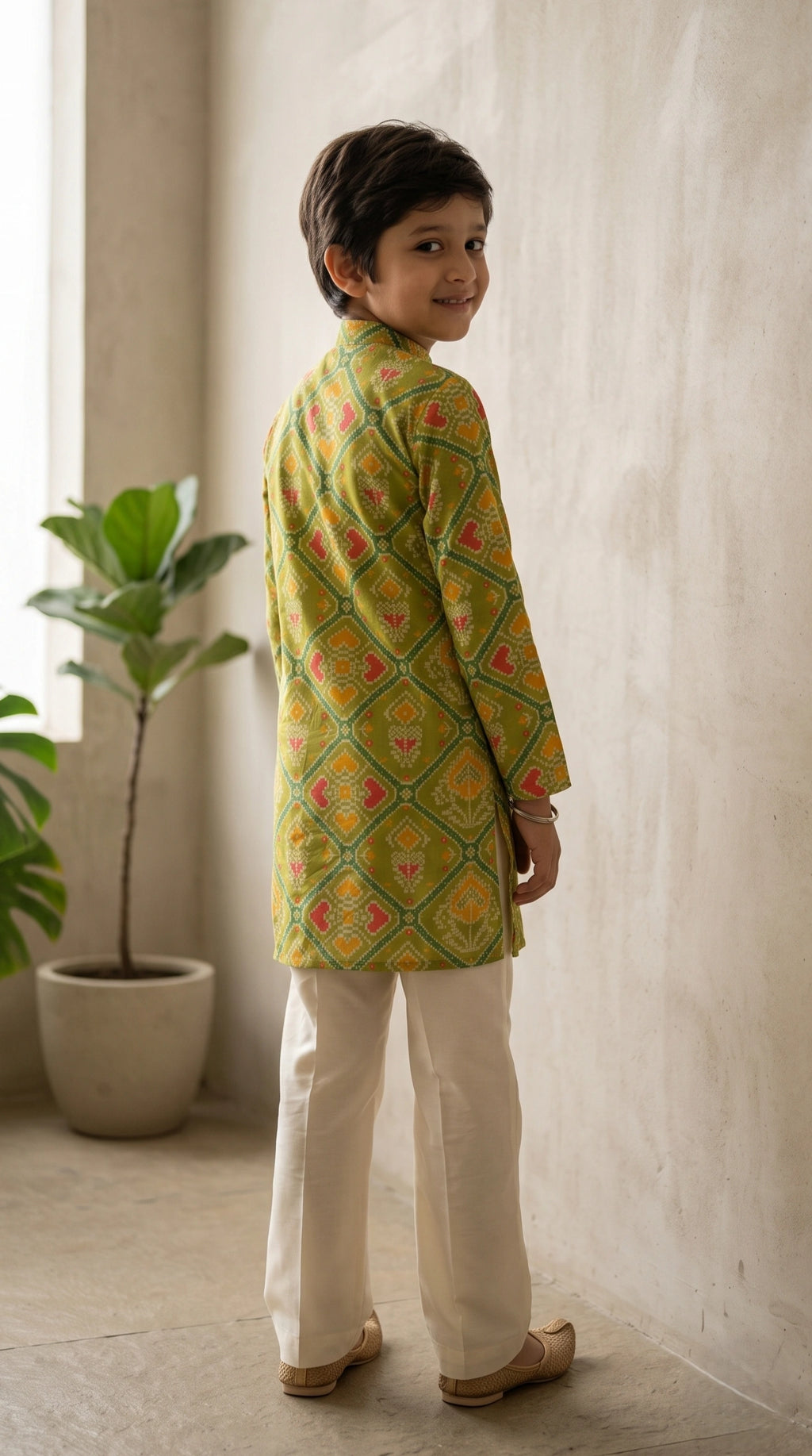 Boys Olive Green Patola Print Kurta Set with Off-White Bootcut Trousers
