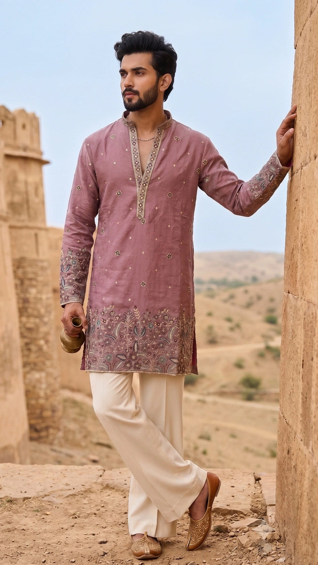 Mauve Pink Intricately Embroidered Kurta with Cutwork Border