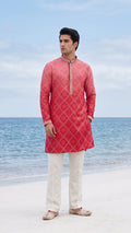 Men's Coral Pink & Red Bandhej Motif Kurta with Embroidered Mandarin Collar