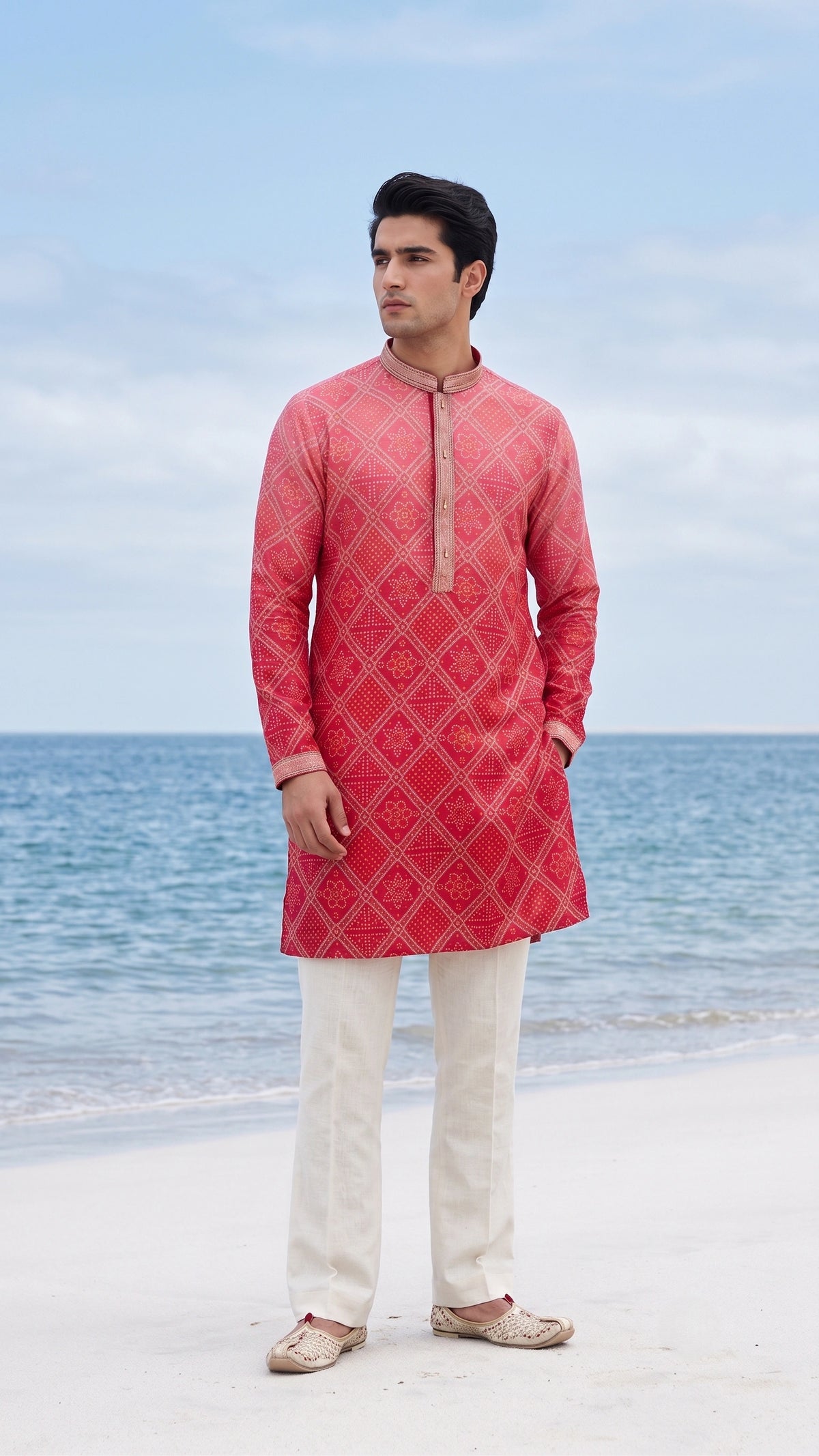 Men's Coral Pink & Red Bandhej Motif Kurta with Embroidered Mandarin Collar