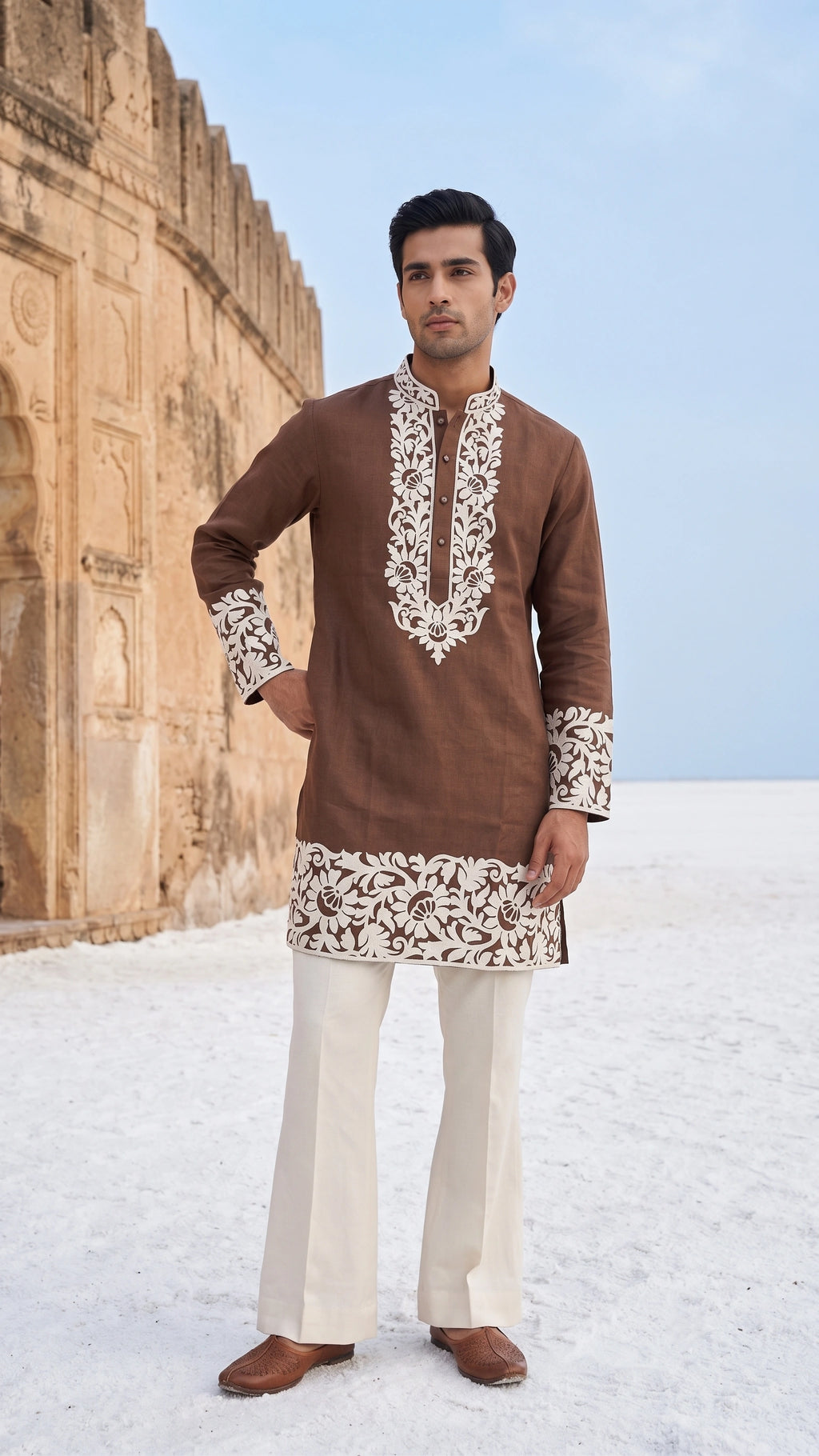 Mocha Brown Linen-Blend Kurta with Ivory Cutwork Embroidery