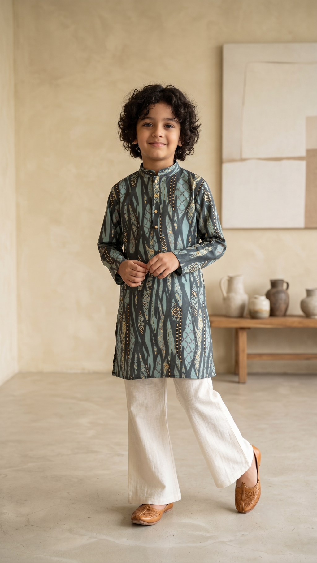 Boys Teal & Gold Abstract Printed Kurta with Off-White Bell-Bottom Trousers