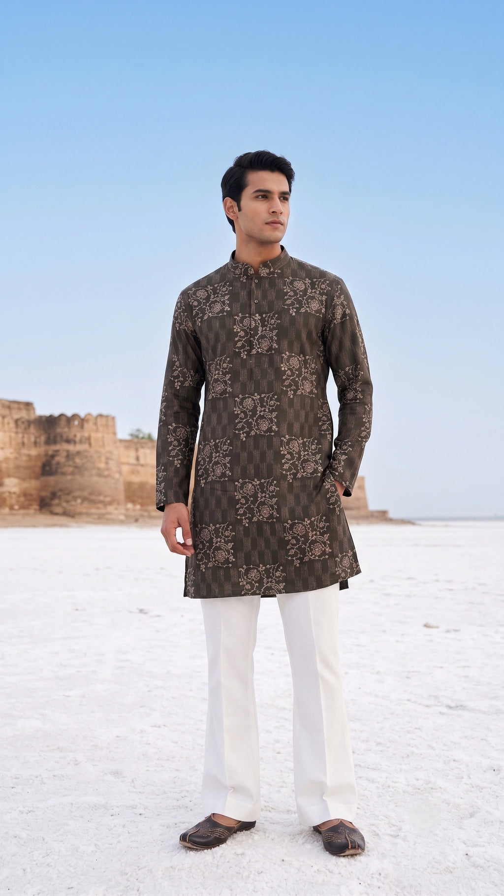 Charcoal Jacquard Embroidered Kurta Set with Bootcut Trousers