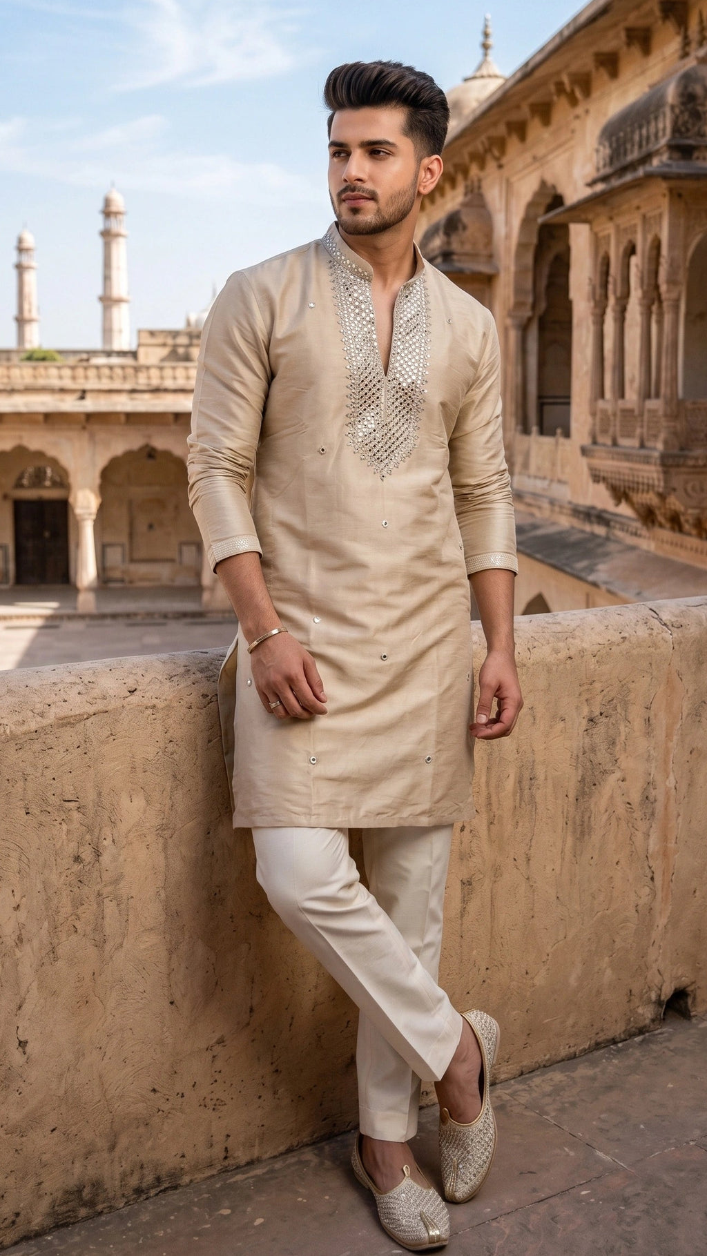 Champagne Gold Hand-Embroidered Festive Kurta for Men
