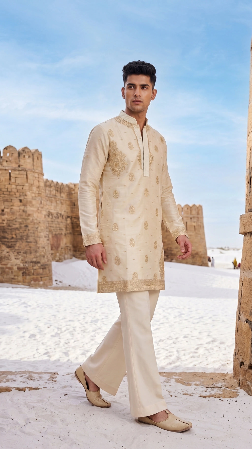 Ivory Gold Embroidered Raw Silk Kurta Set with Flared Trousers