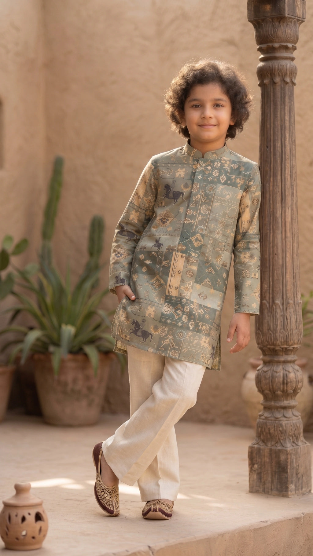 Sage Green Heritage Motif Boys' Kurta Set with Flared Bell-Bottom Trousers